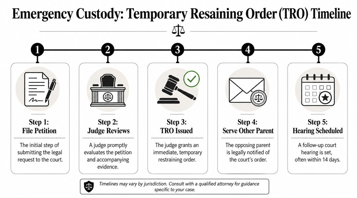 A five-step flowchart illustrating the legal timeline for obtaining an emergency temporary restraining order for custody.