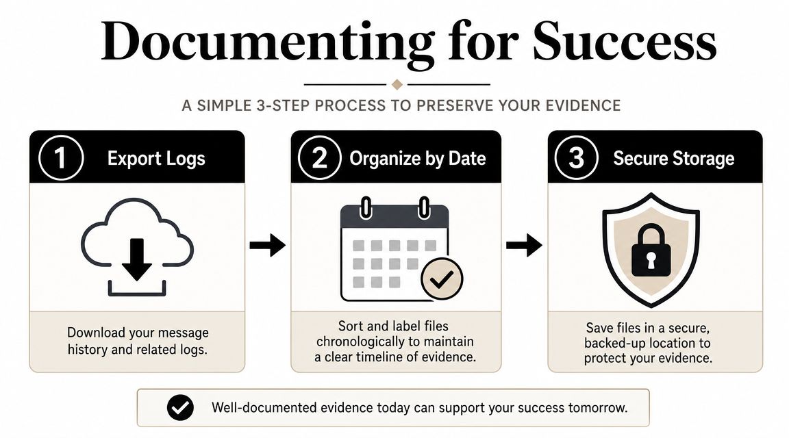 A simple three-step process for organizing and securing important evidence logs for legal documentation purposes.