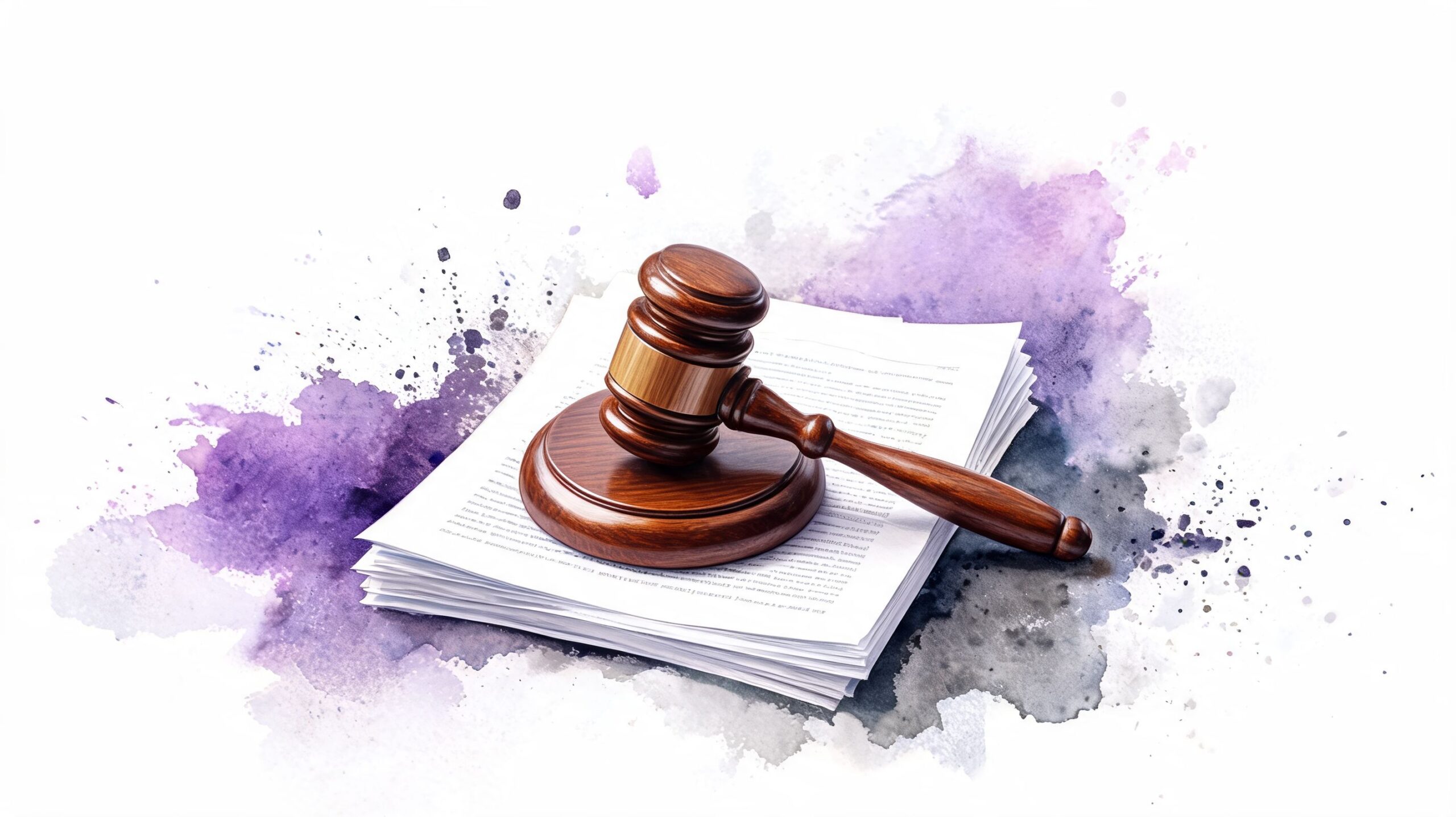 A wooden judge's gavel rests on a stack of legal documents against an abstract watercolor background.