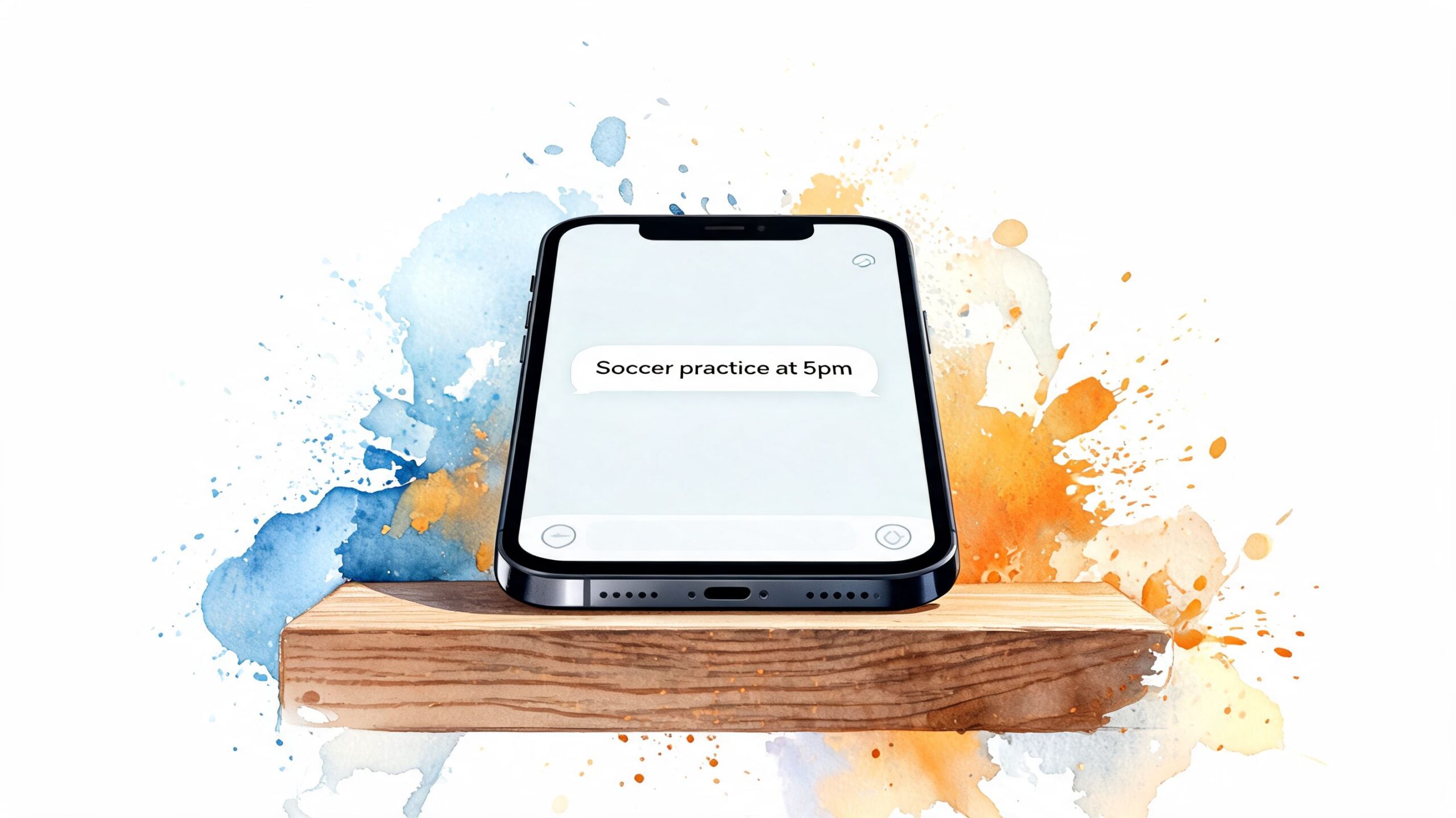 A modern smartphone showing a text notification for soccer practice on a rustic wooden shelf background.