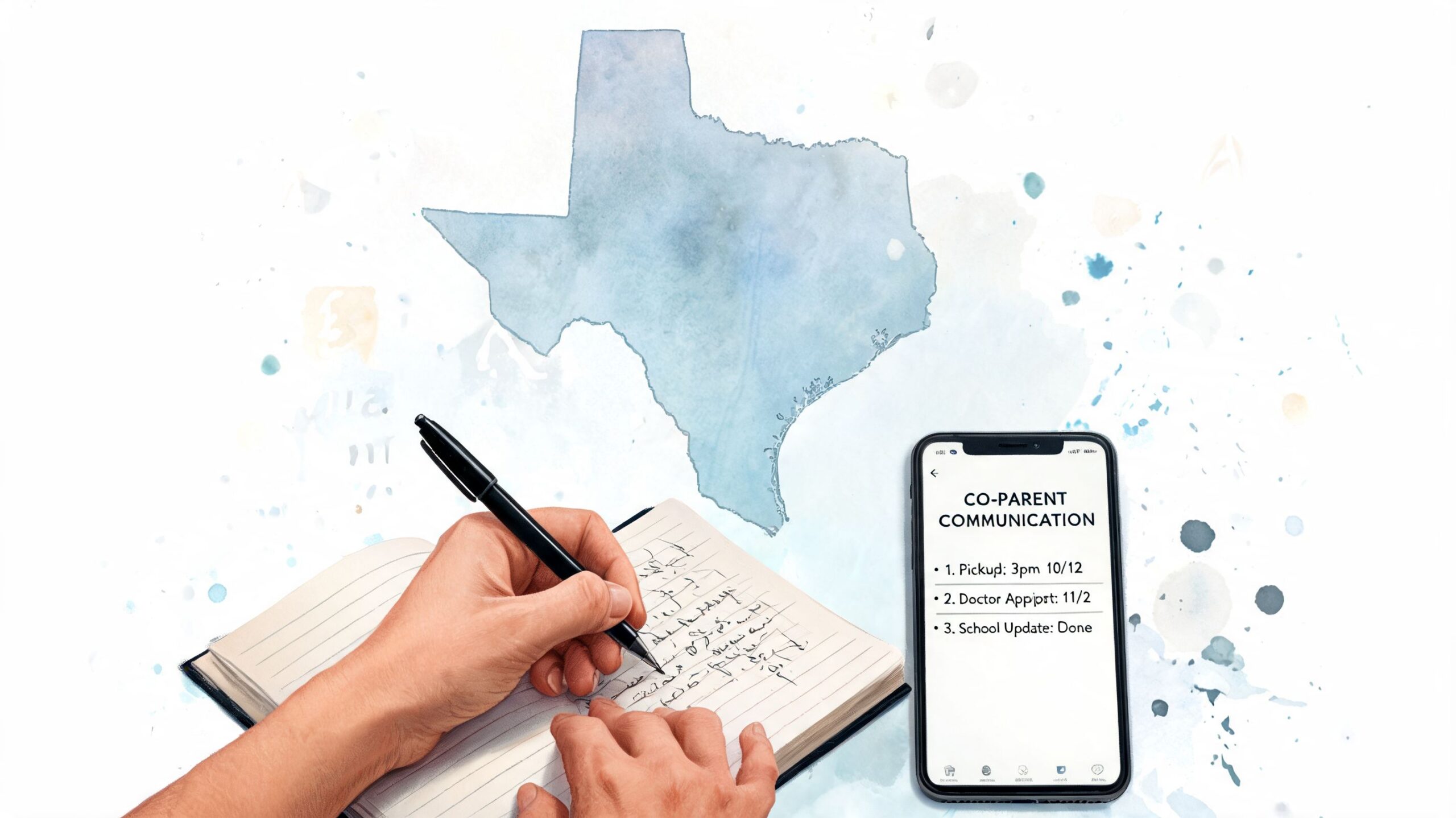 A person writing in a notebook next to a smartphone showing a co-parenting communication app in Texas.