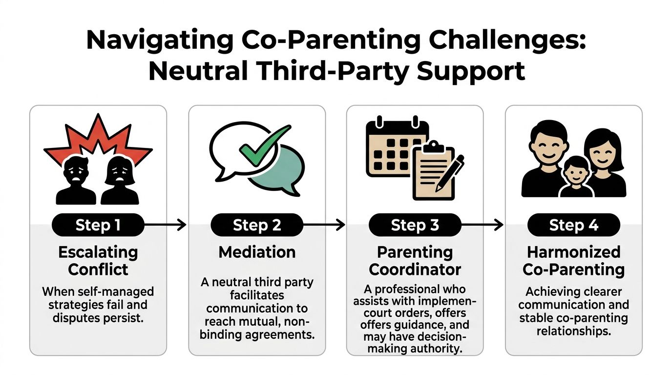 A four-step infographic illustrating the process of using neutral third-party support to resolve co-parenting conflicts.