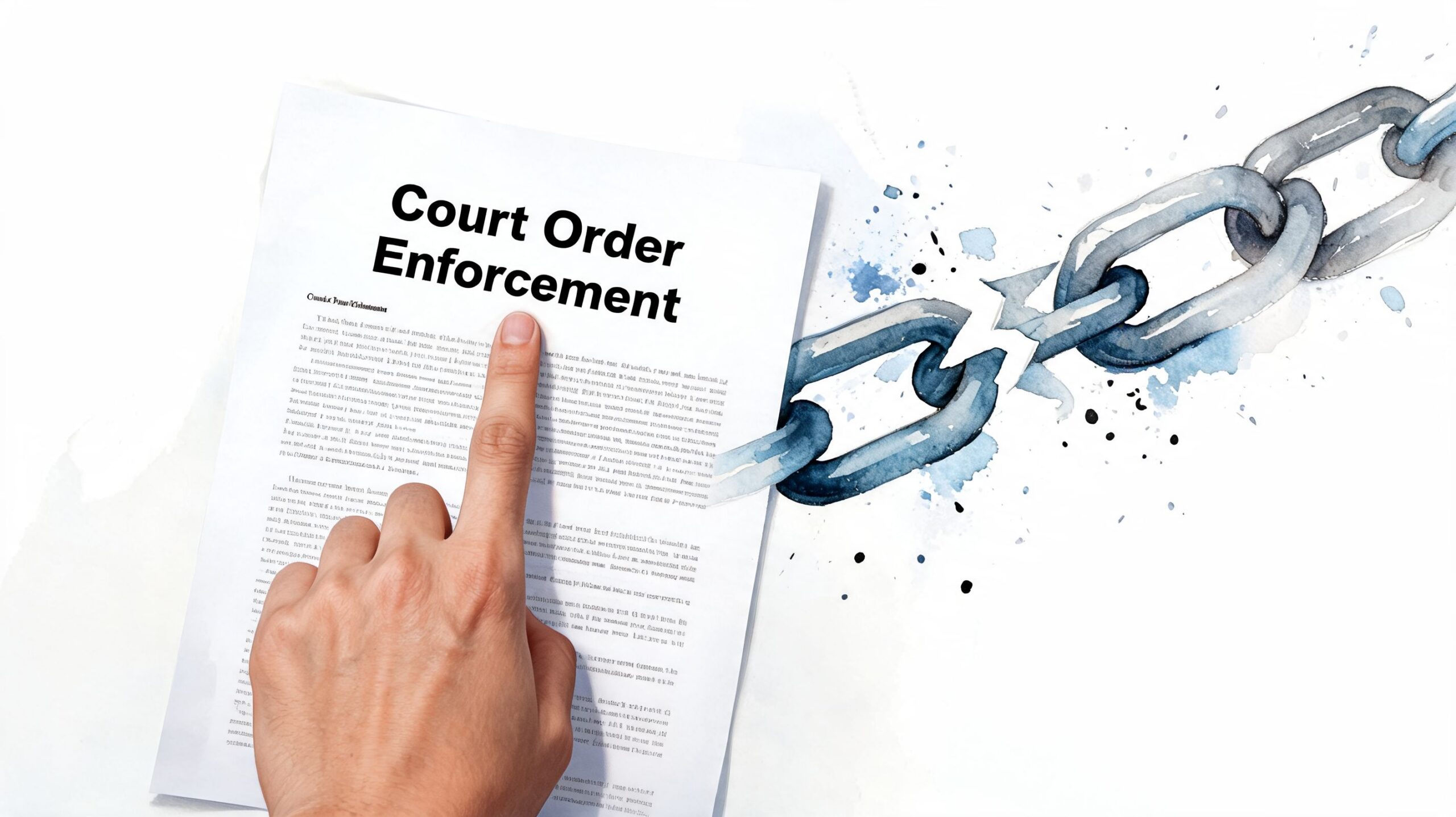 A hand points to the heading Court Order Enforcement on a document beside a broken chain link.