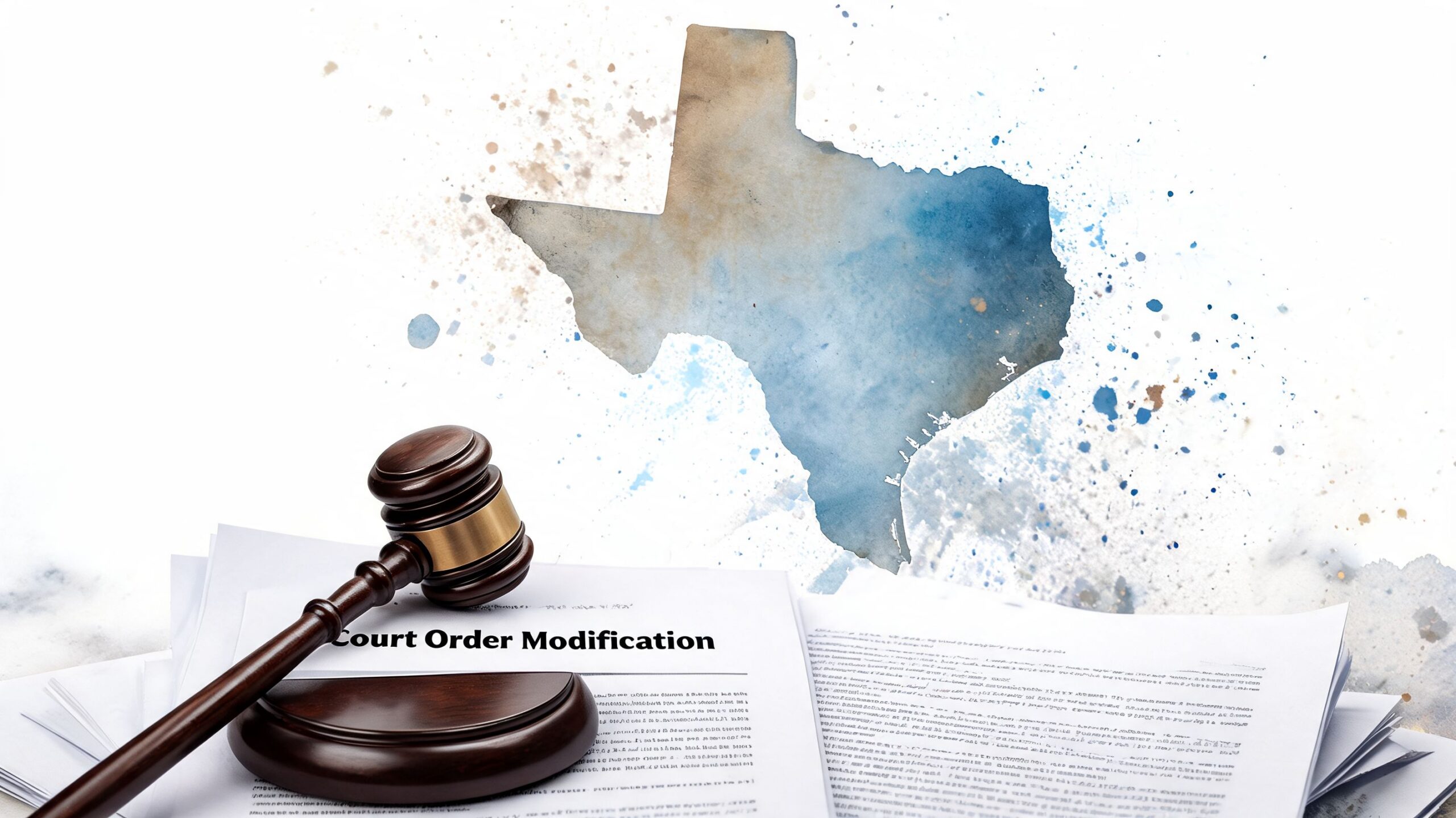 A wooden gavel resting on legal paperwork titled Court Order Modification with a watercolor map of Texas background.