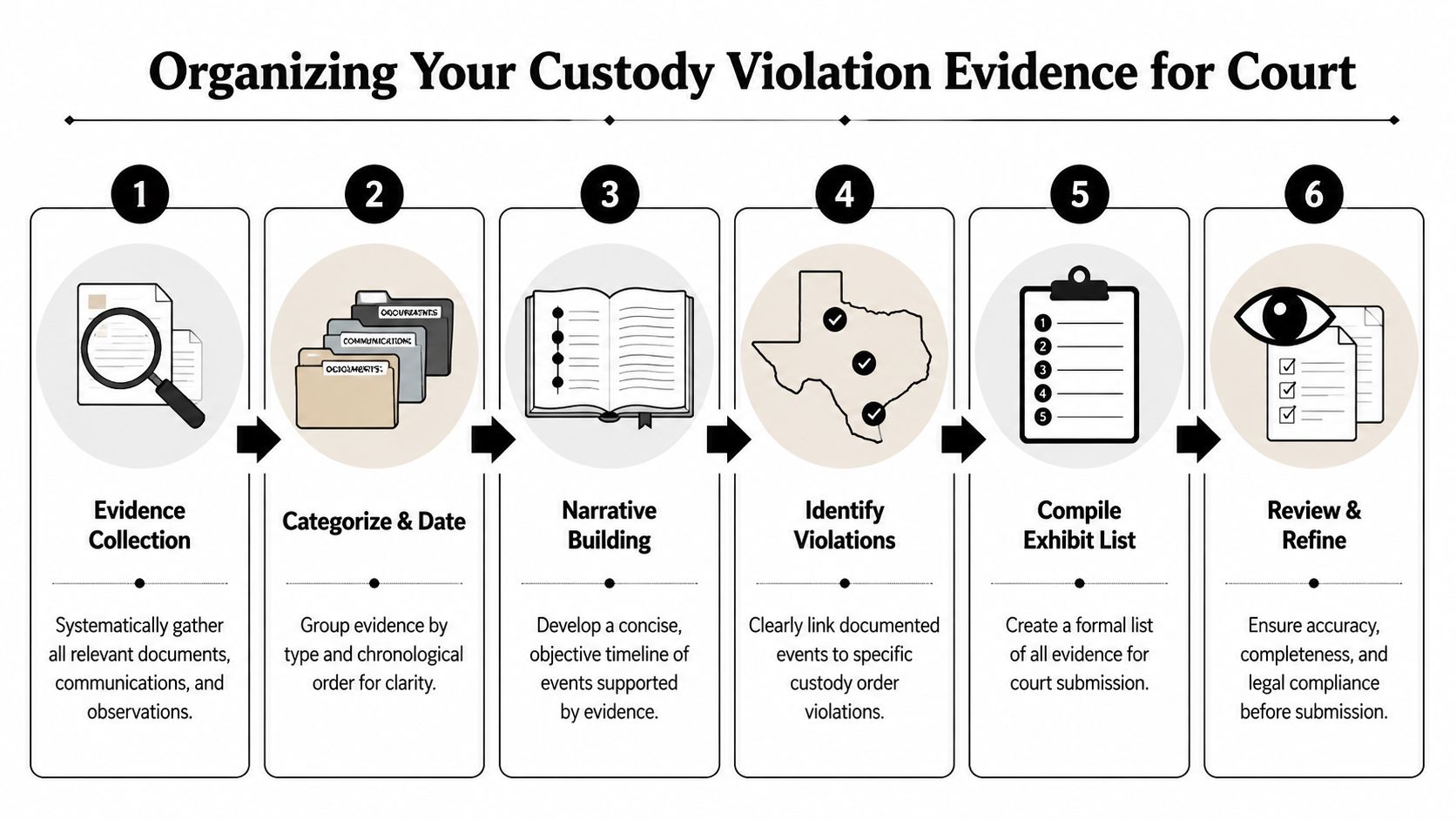 A six-step infographic detailing the process for organizing custody violation evidence for legal court proceedings.
