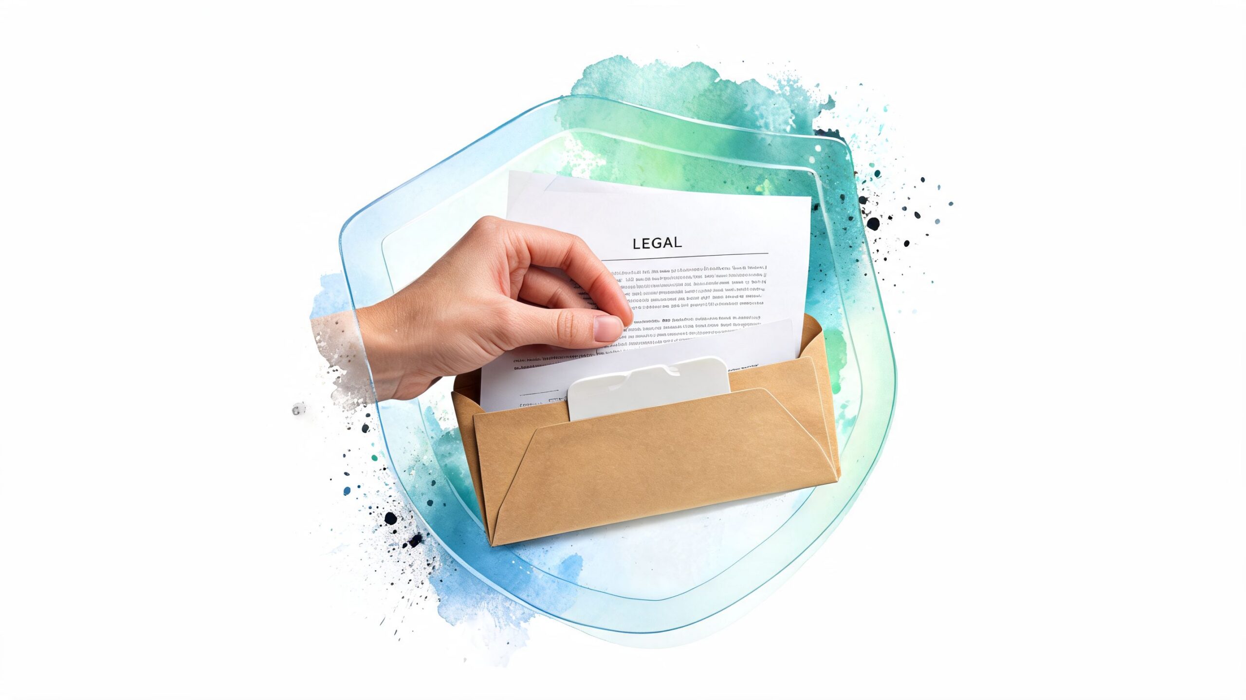 A hand placing a legal document into a brown paper envelope, symbolizing formal documentation and protection.