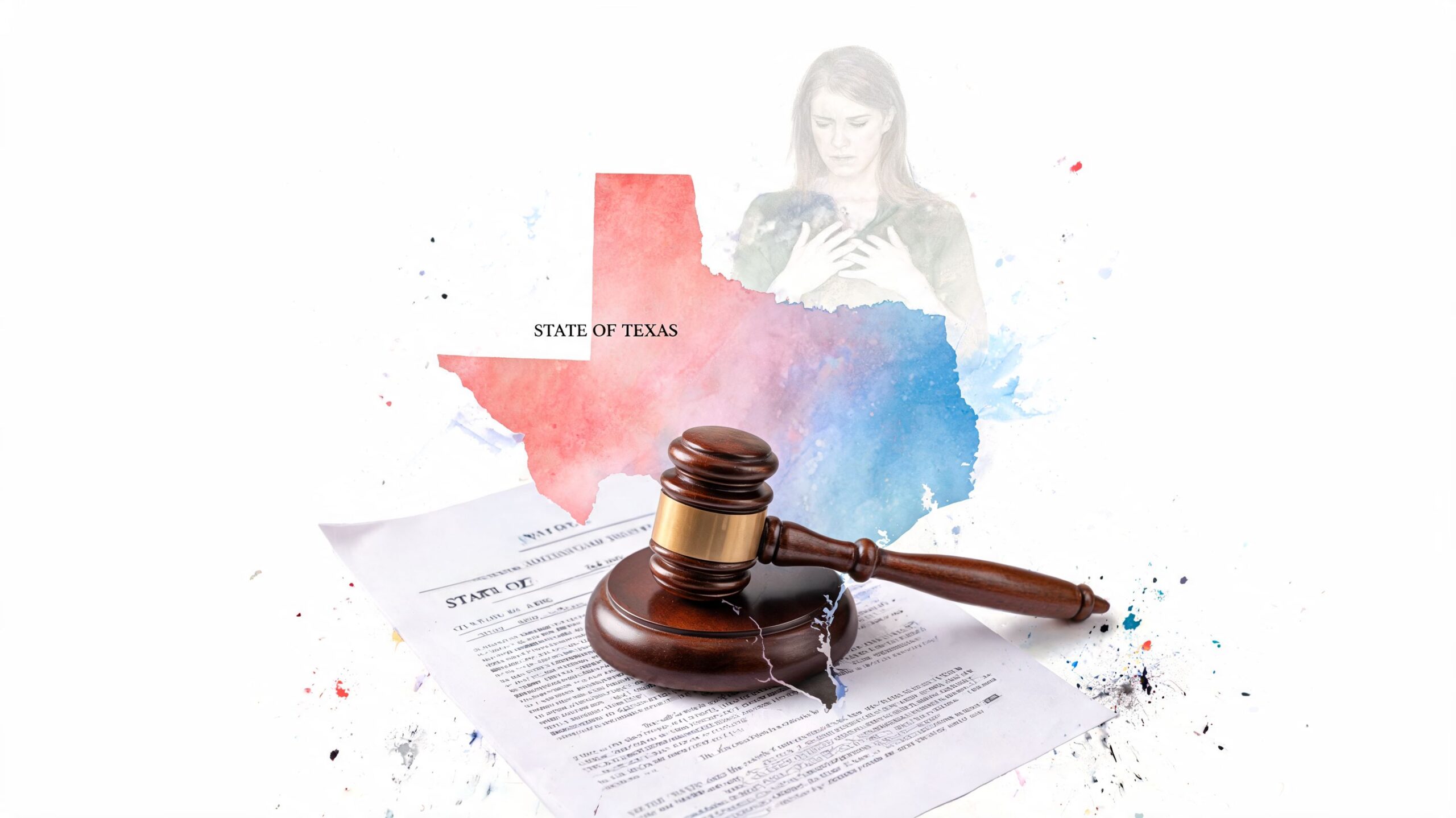 A gavel rests on legal documents in front of a watercolor map of the state of Texas.