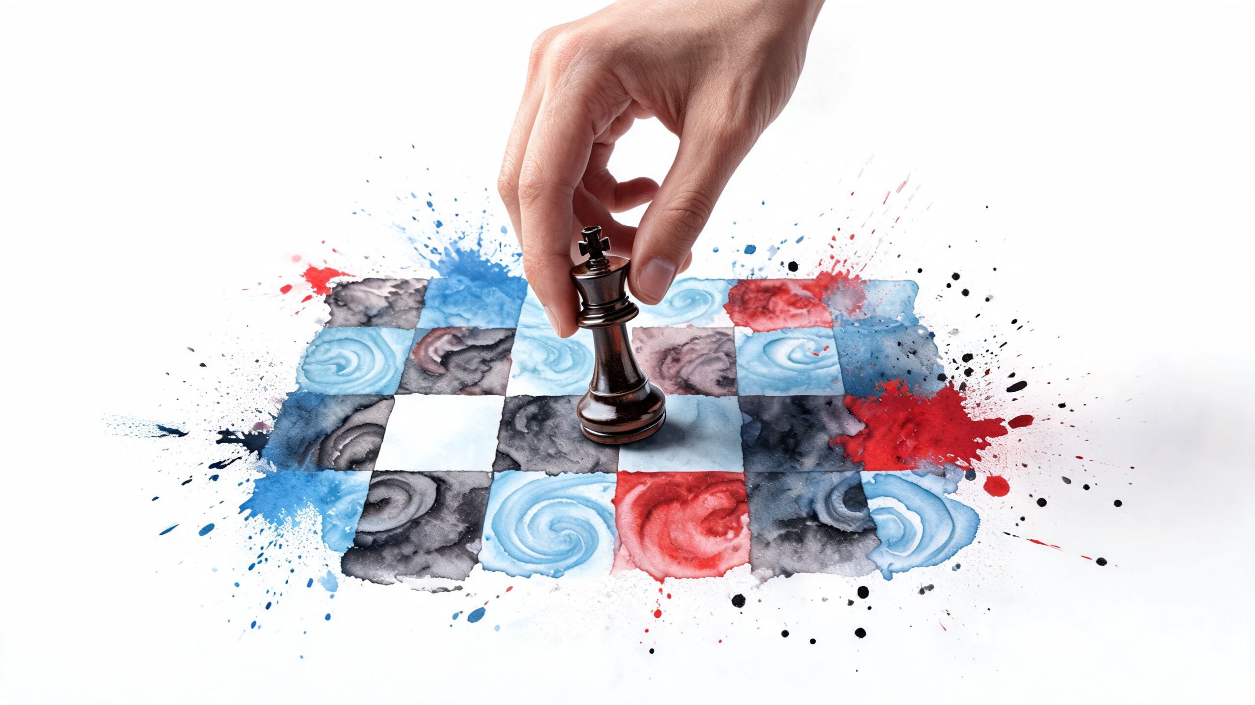 A hand placing a black chess king on a watercolor painting of a chess board.