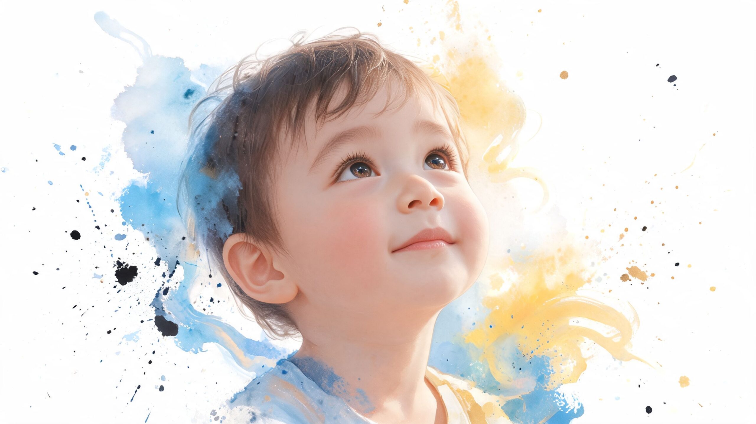 A close up portrait of a young child looking upward with a hopeful and gentle expression.