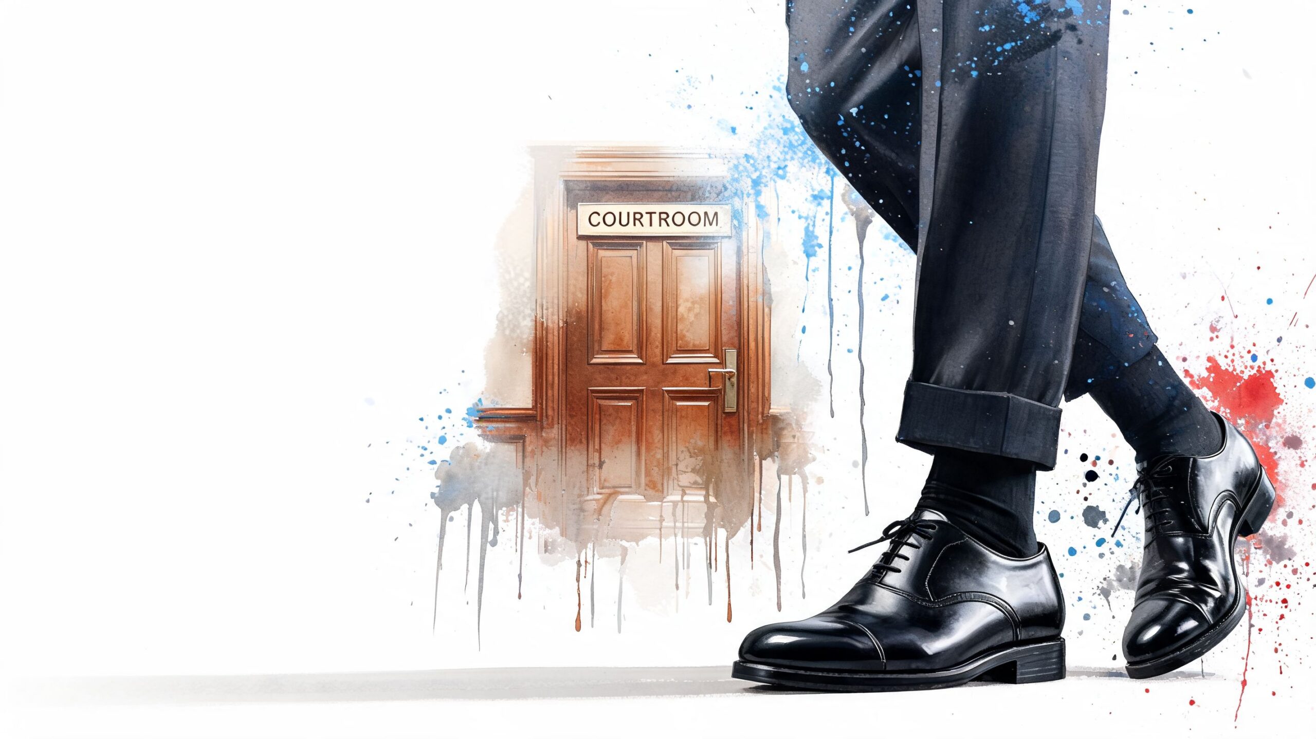 A close-up of a person in professional attire walking towards a courtroom door with watercolor artistic effects.