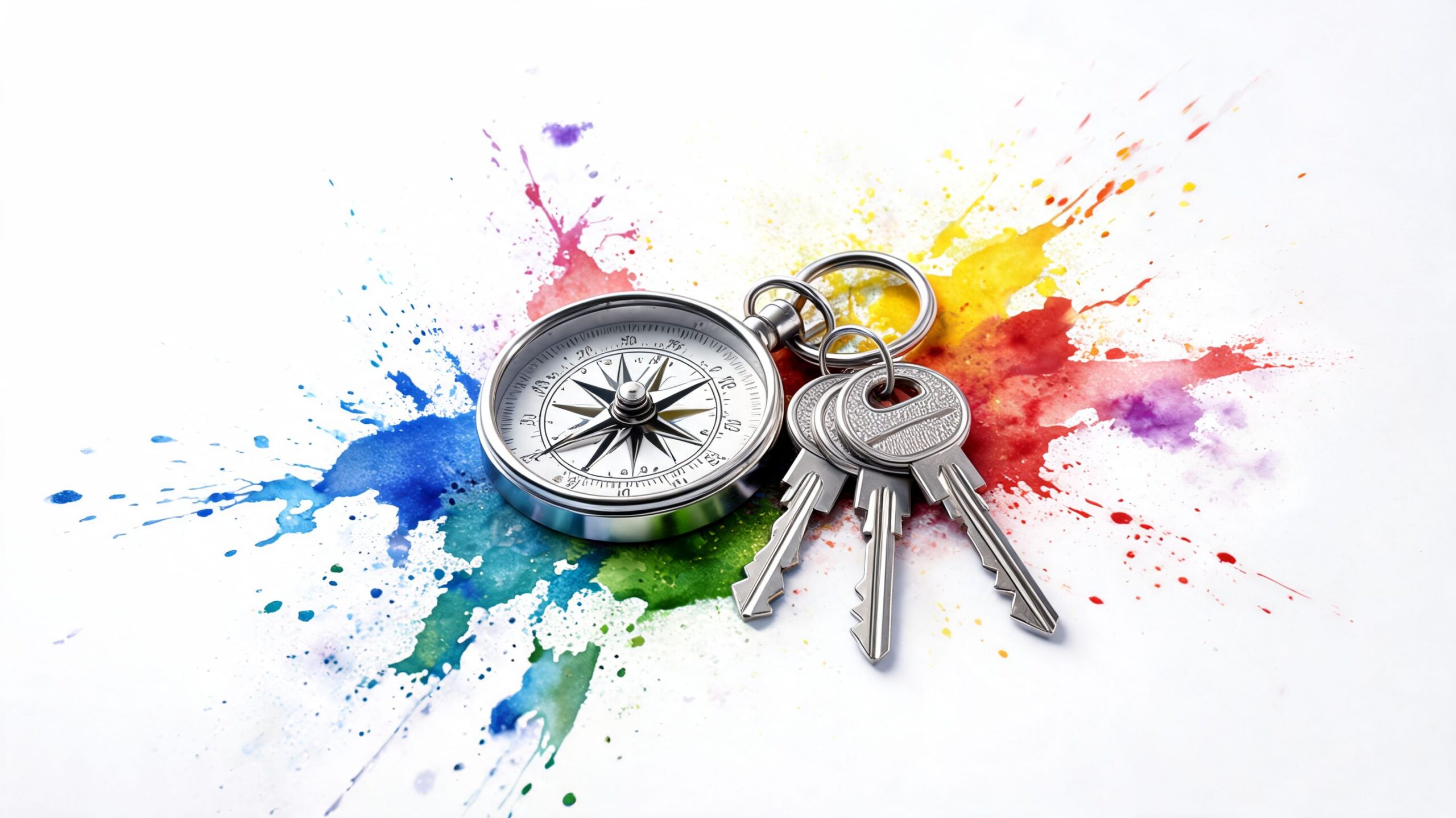A silver compass and a set of keys resting on a vibrant colorful watercolor splash background.