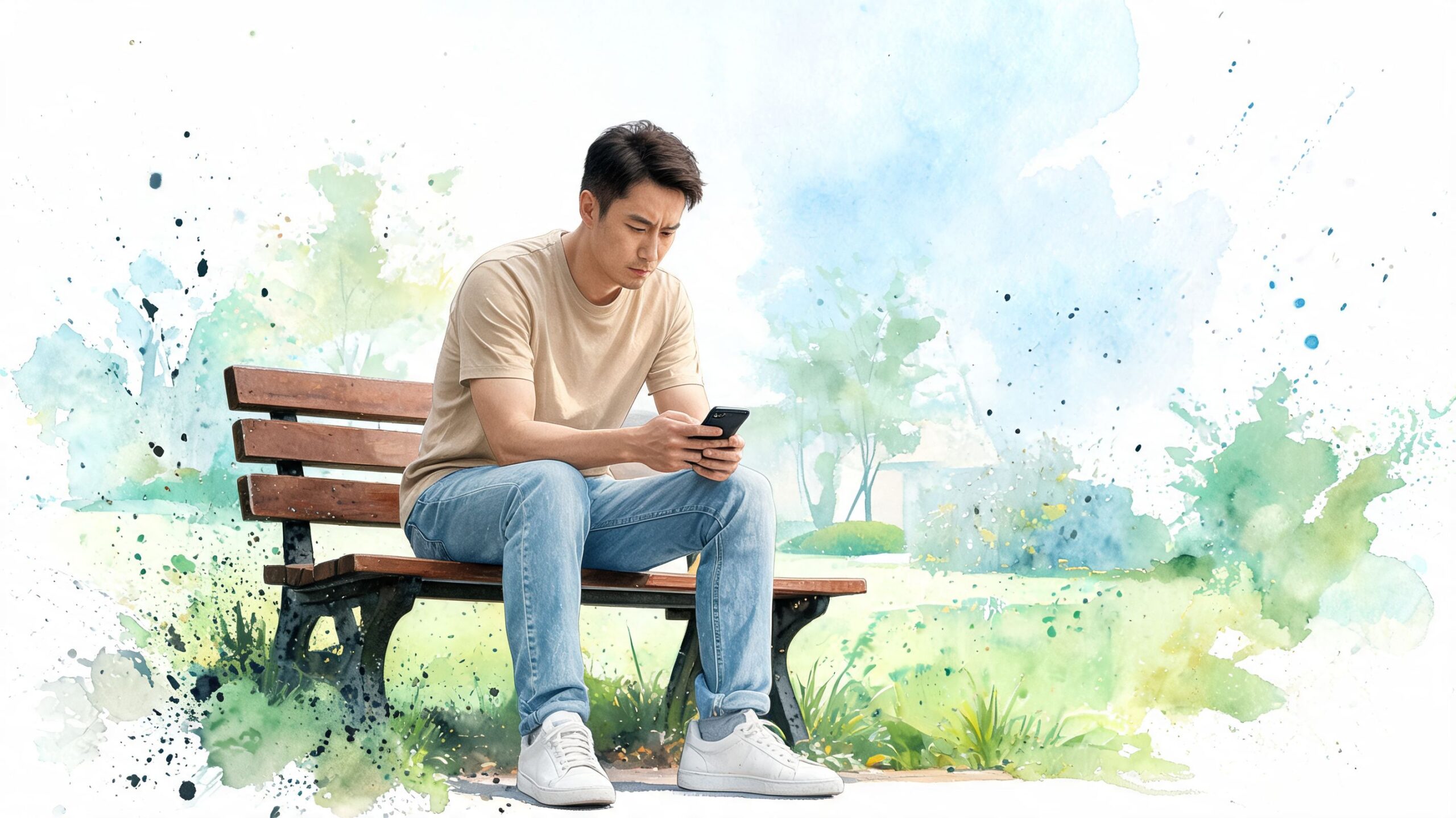 A young man sitting on a park bench looking at his smartphone in a watercolor style illustration.