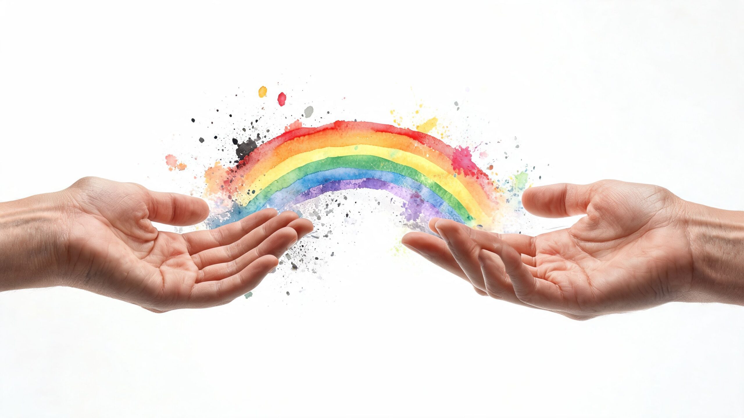 Two open human hands reaching toward each other with a colorful watercolor rainbow floating between them.