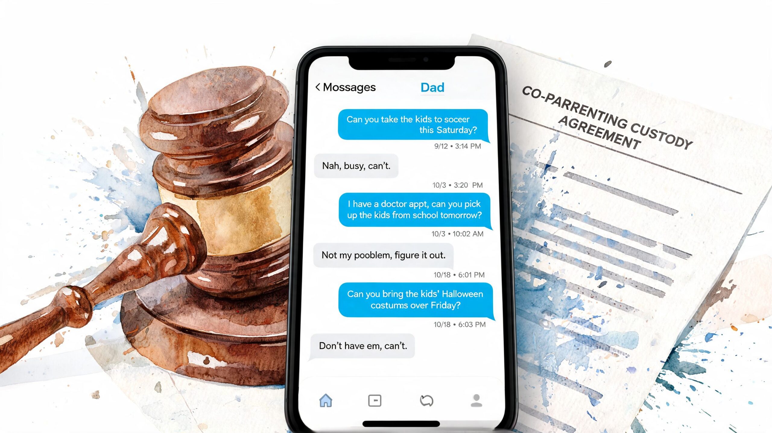A gavel and legal agreement representing text messages as evidence in family court Texas custody disputes.