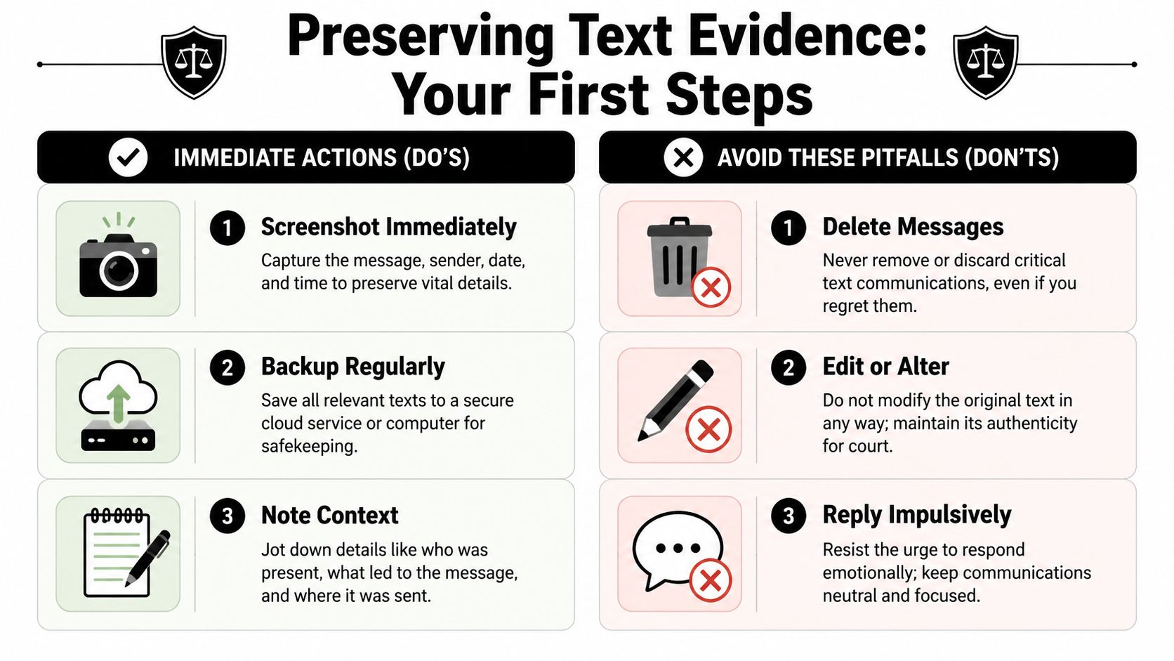 An infographic titled Preserving Text Evidence outlining important do's and don'ts for documenting digital messages for legal purposes.