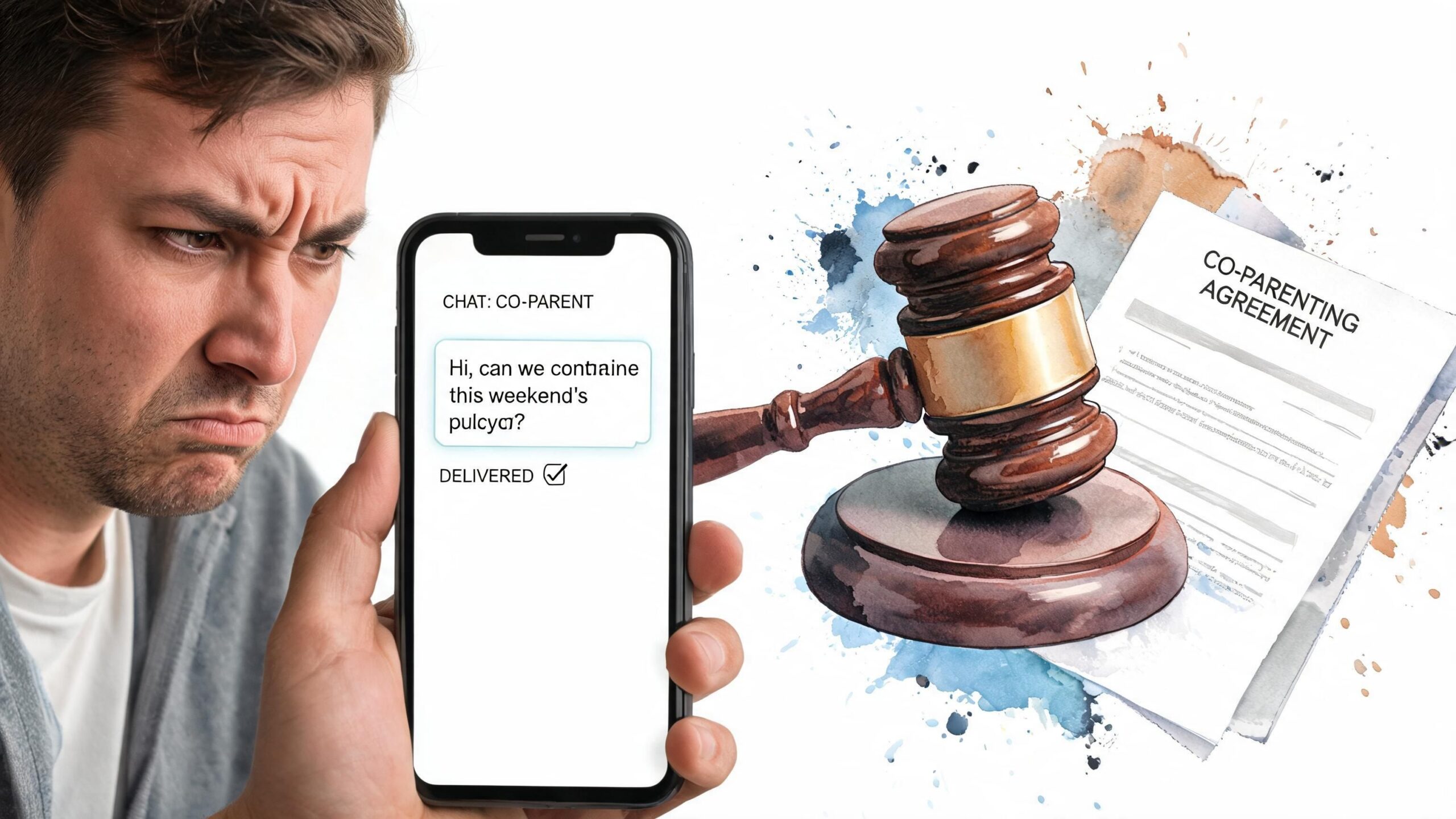 A concerned man reading a confusing text message on a smartphone next to a co-parenting agreement document.