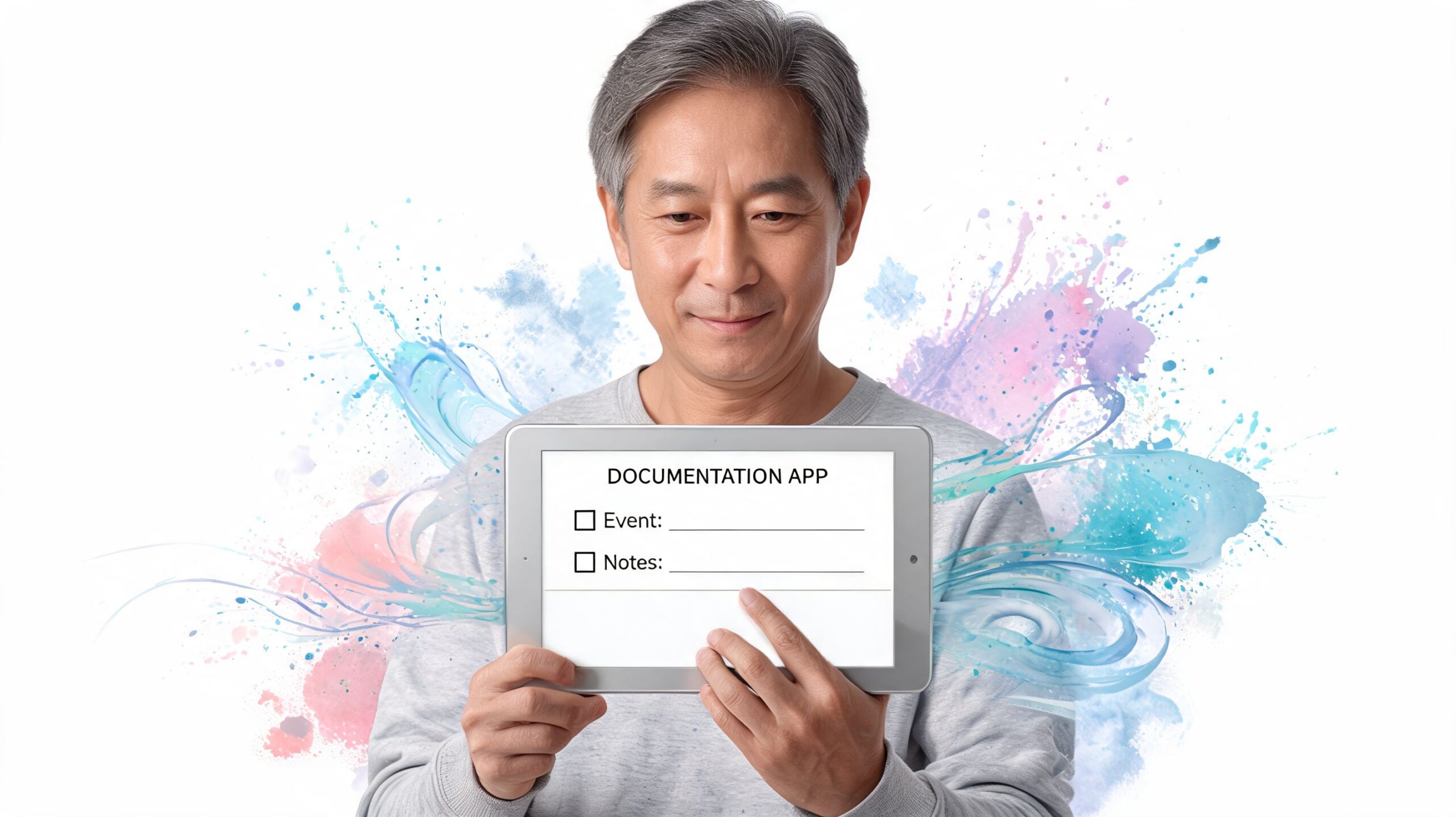 A middle-aged Asian man holding a tablet displaying a documentation app interface with event and notes fields.