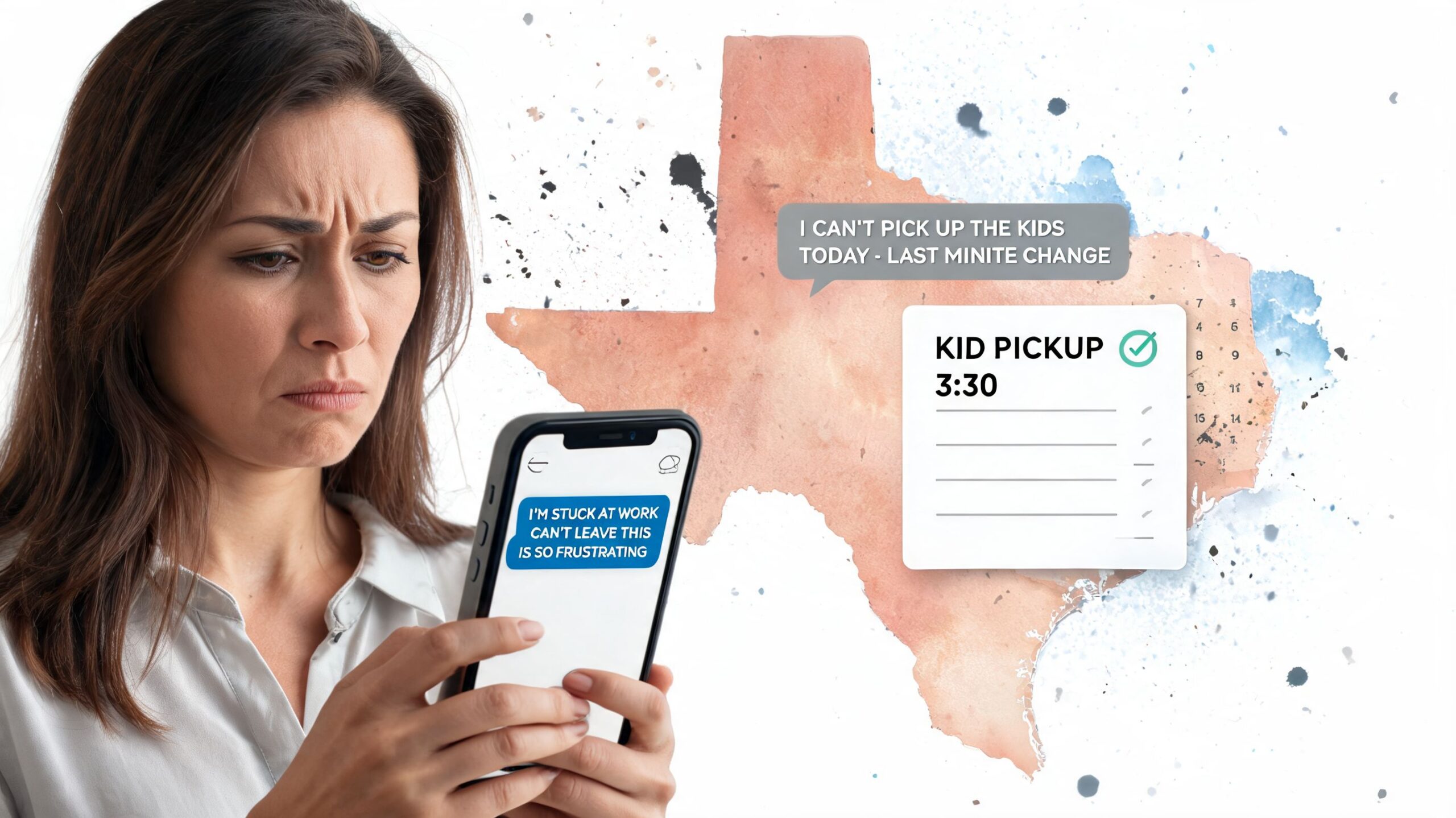 A frustrated woman looking at a smartphone screen with text about a last-minute childcare pickup conflict.