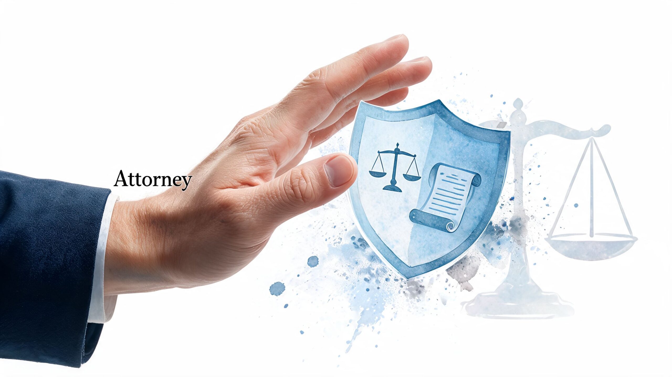 A professional hand reaching towards a symbolic shield featuring legal scales and a document representing attorney services.
