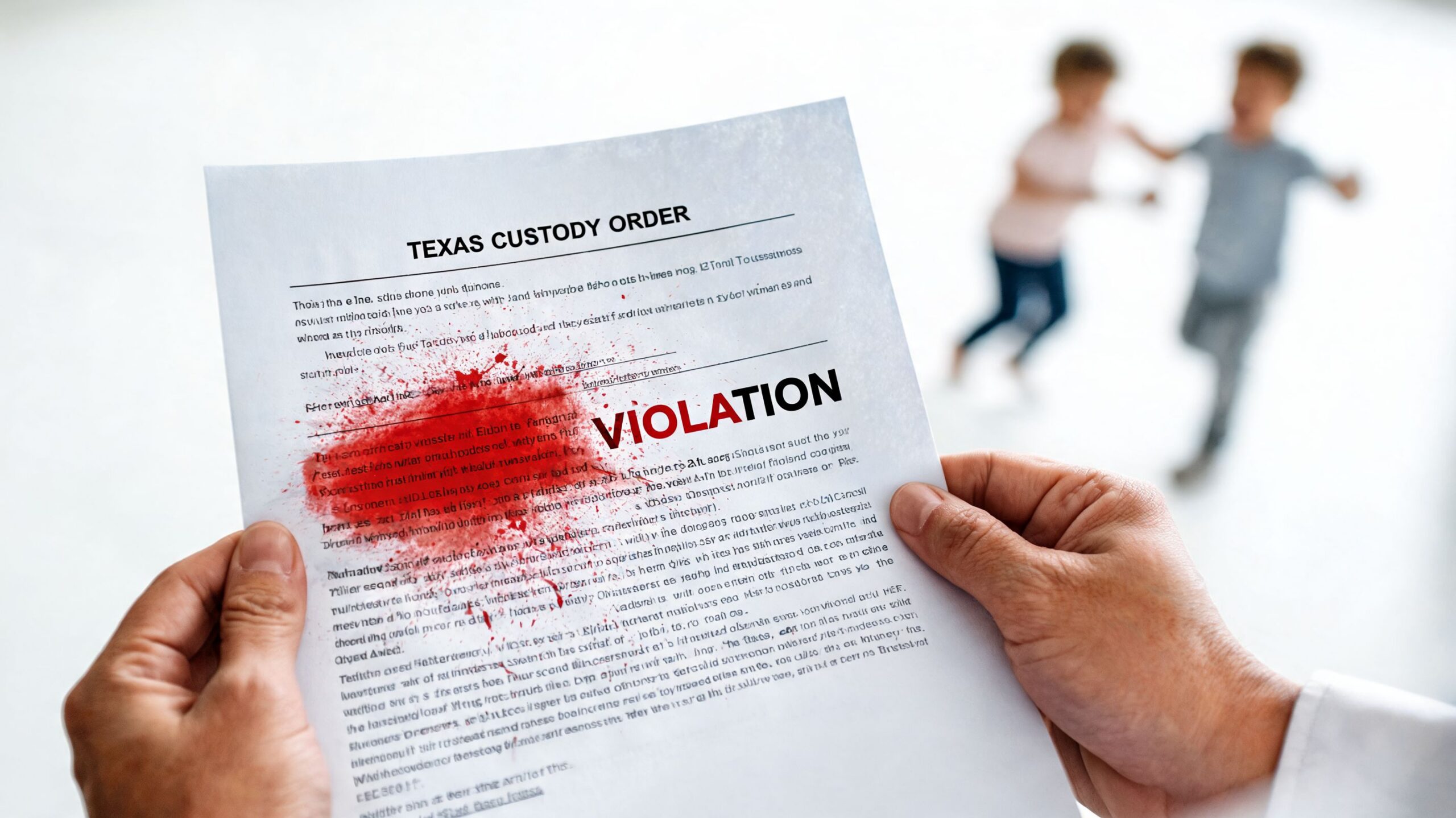 A person holding a document titled Texas Custody Order with a prominent red violation stamp on it.