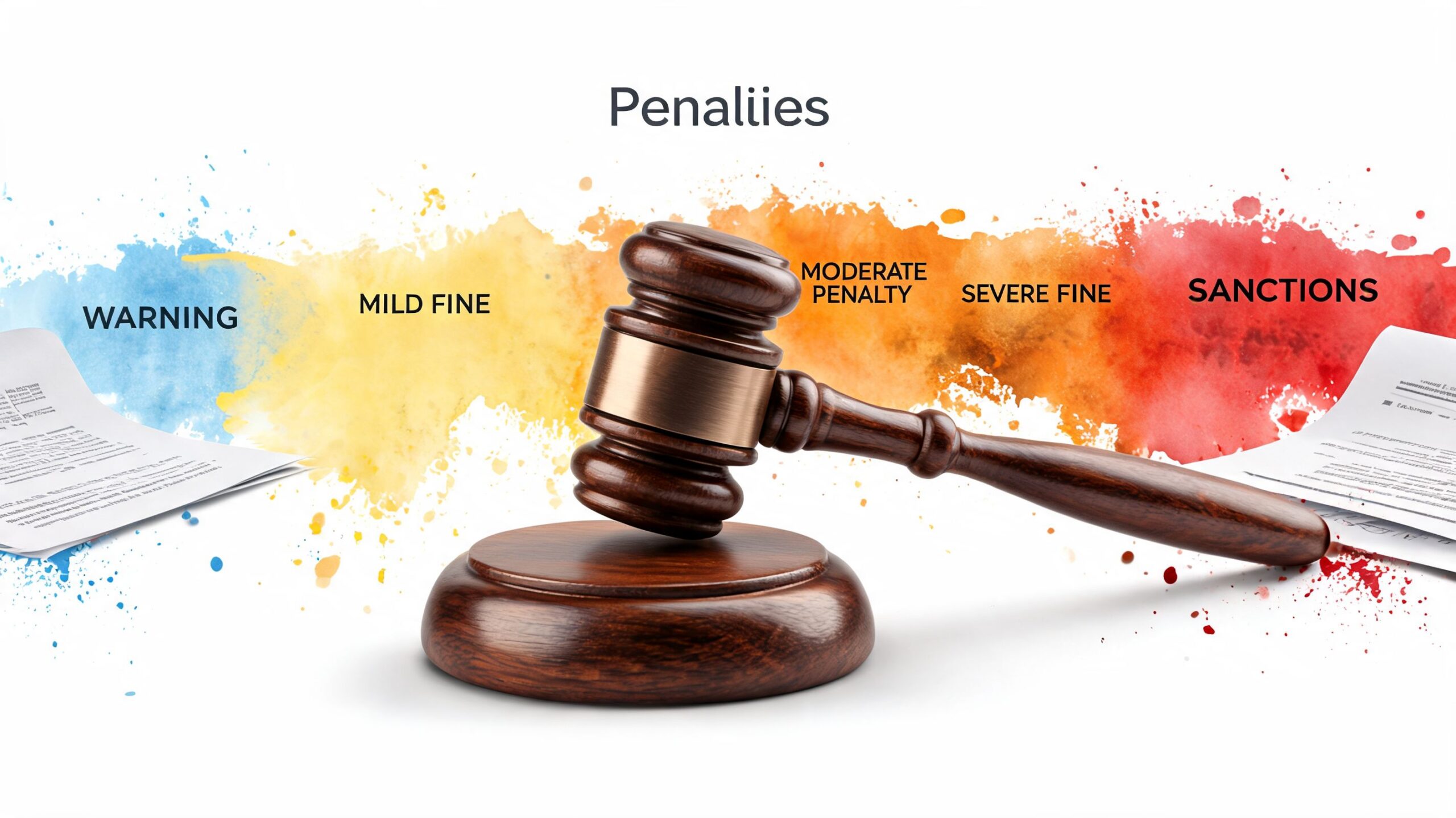 A wooden gavel resting over colorful watercolor splatters representing a progression of legal penalties and sanctions.