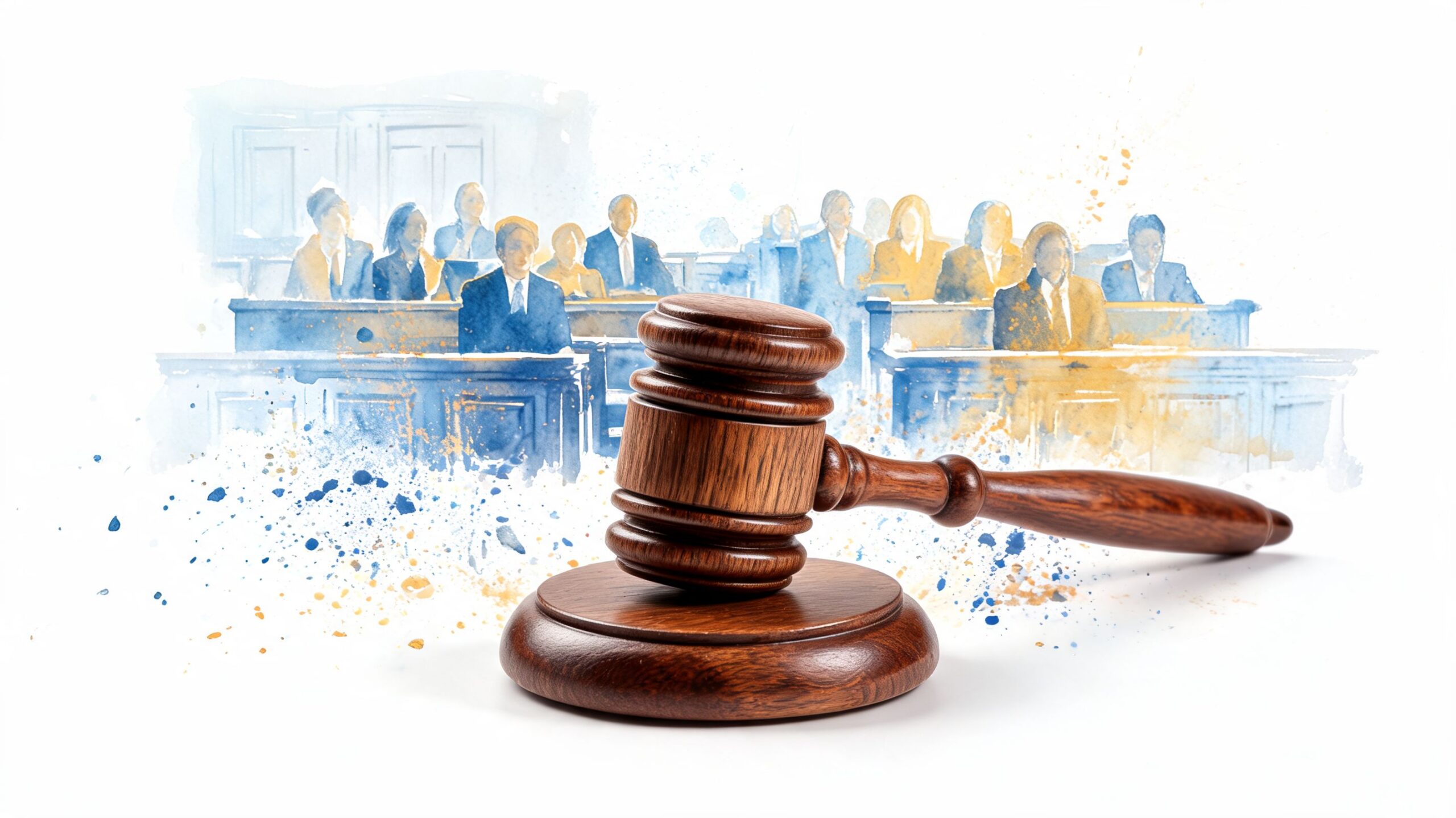 A wooden courtroom gavel sits prominently in front of a watercolor illustration of people in a courtroom.