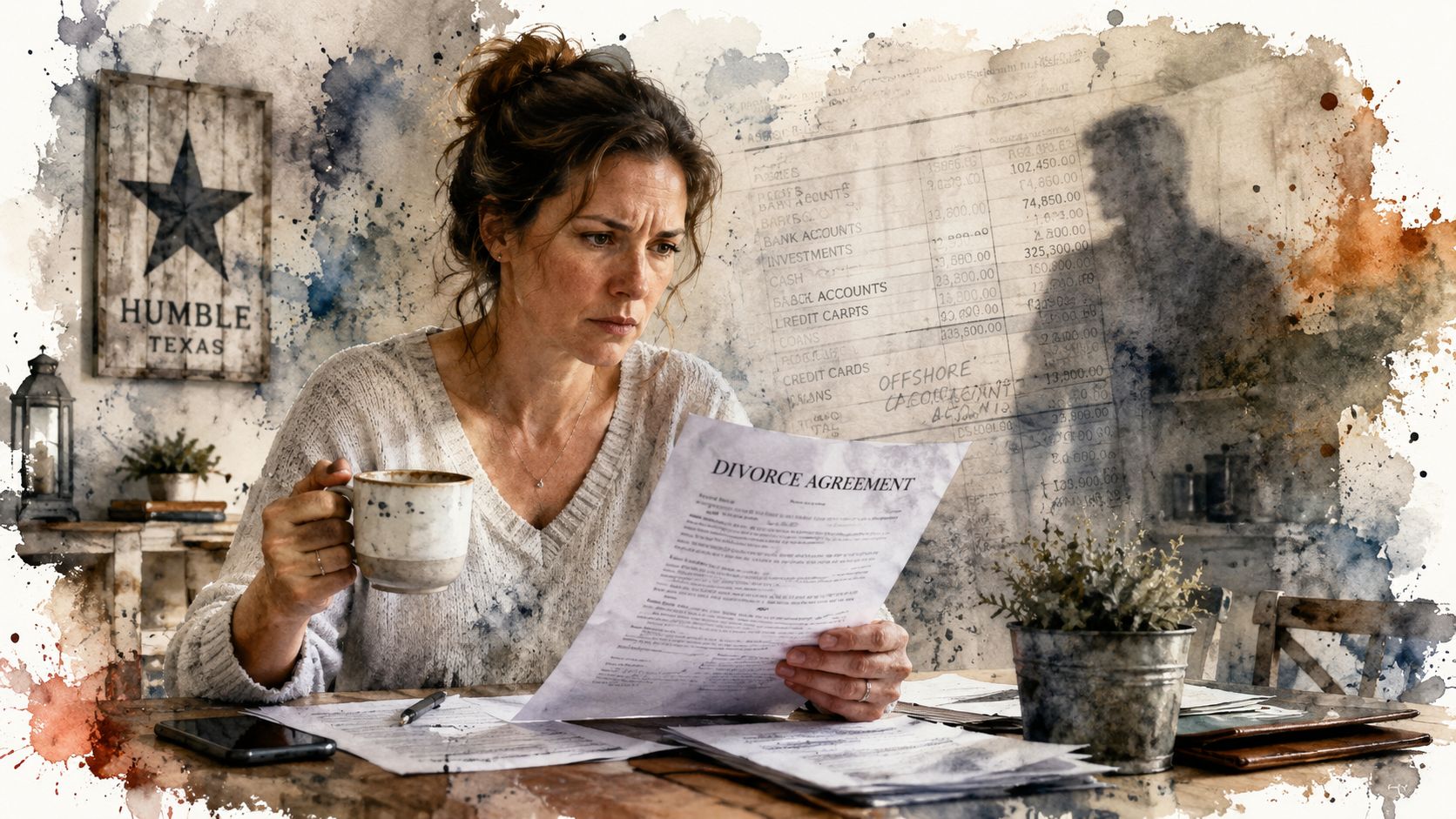 A concerned woman reviews divorce documents at a wooden table with financial charts and a shadow background.