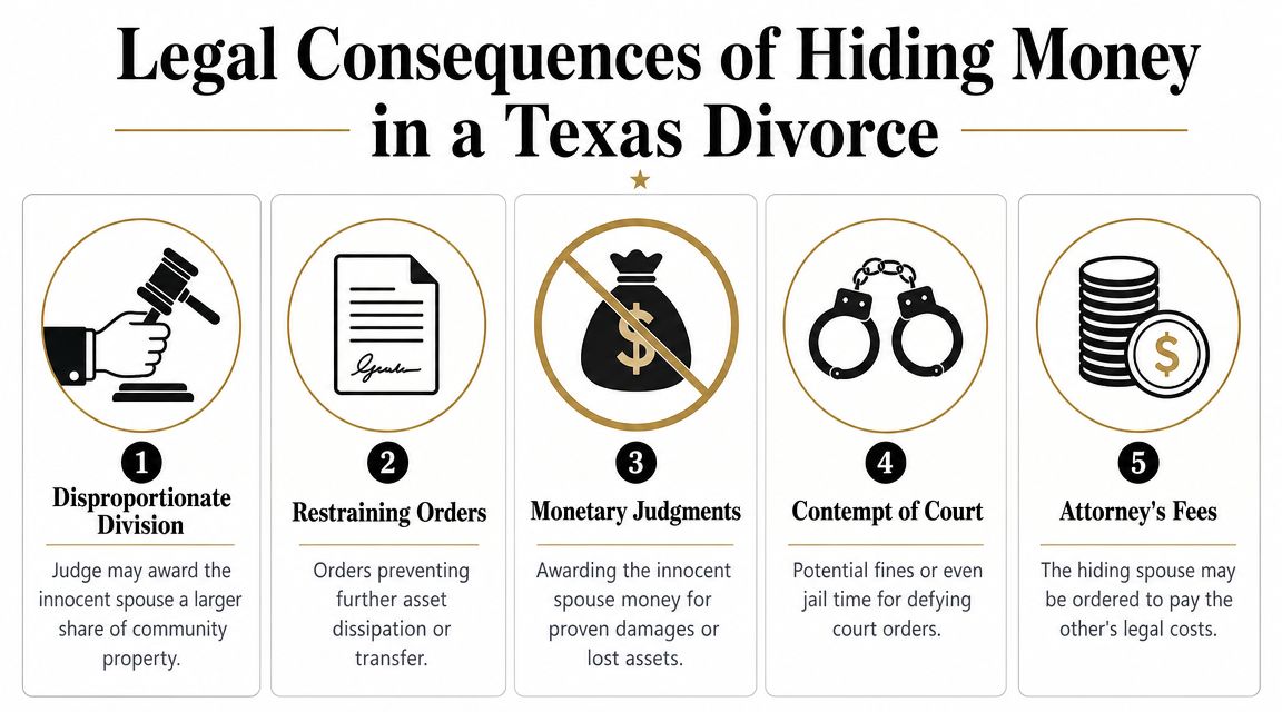 An infographic detailing five legal consequences for hiding money during a divorce proceeding in Texas.