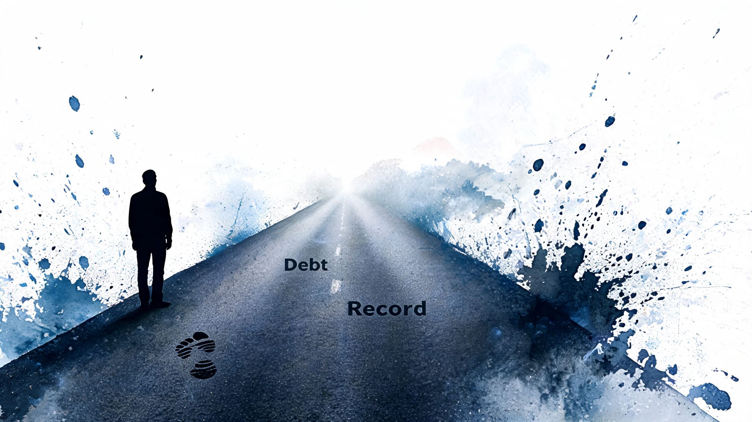 A silhouette of a man standing on a road with the words Debt Record overlaid above footprints.