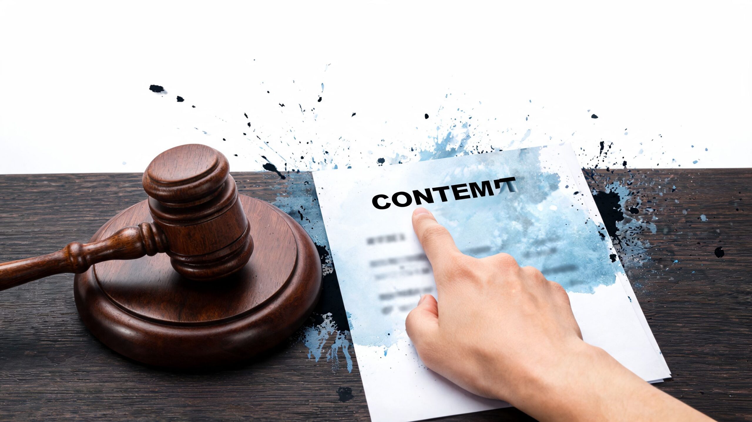 A hand pointing to a legal document labeled contempt next to a wooden judge's gavel on table.