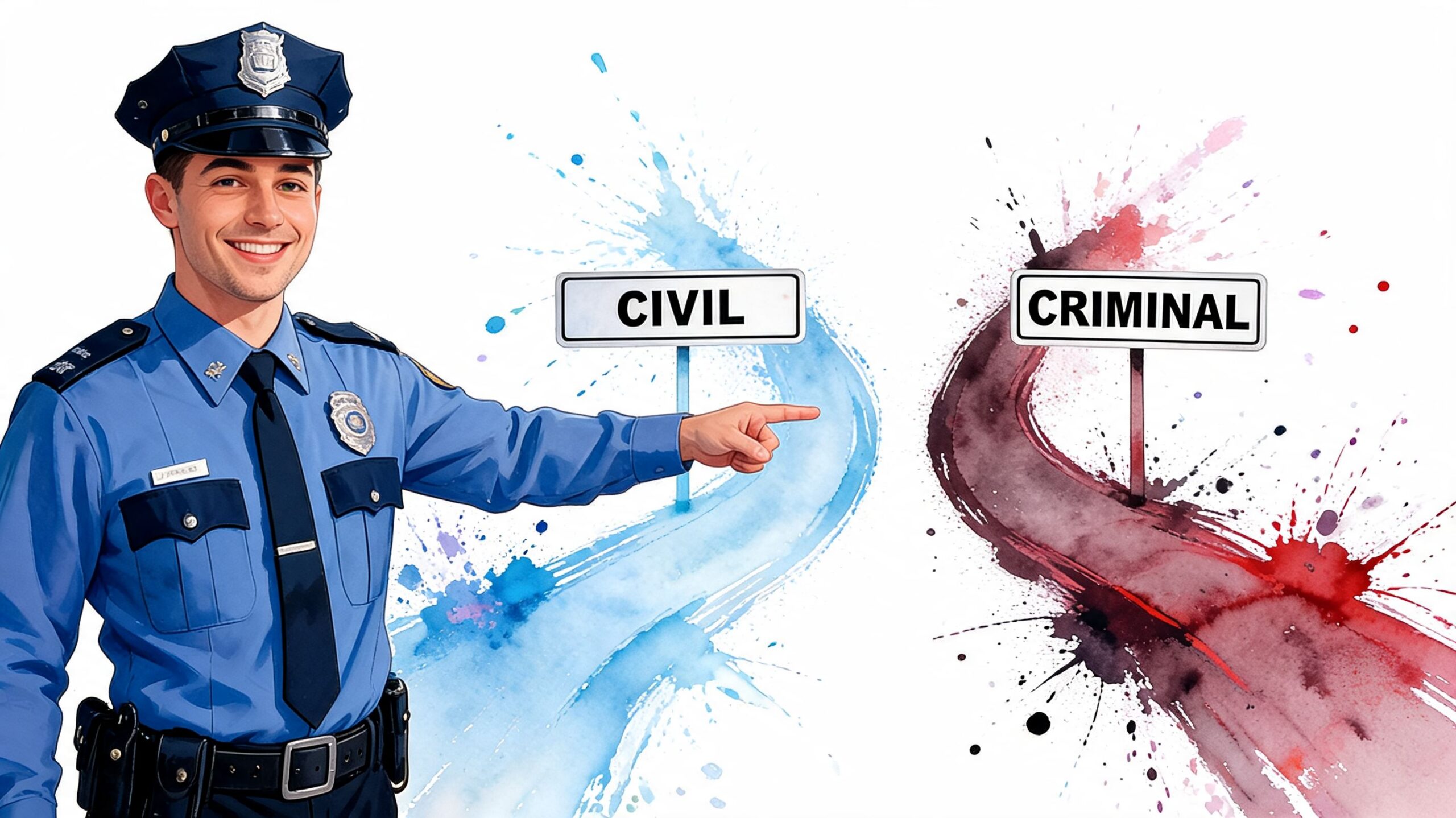 A smiling police officer pointing towards signs representing civil and criminal legal paths in watercolor style.