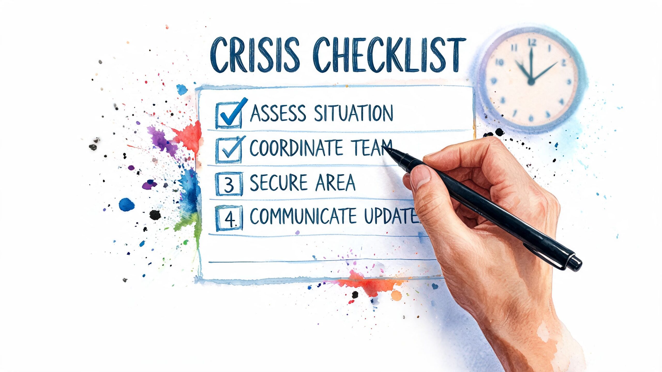 A hand filling out a crisis checklist for emergency planning on a white paper background with colorful watercolors.