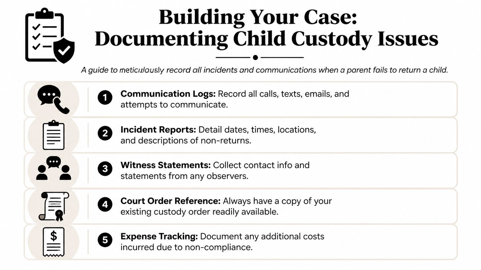 A guide on documenting child custody issues when a parent fails to return a child.