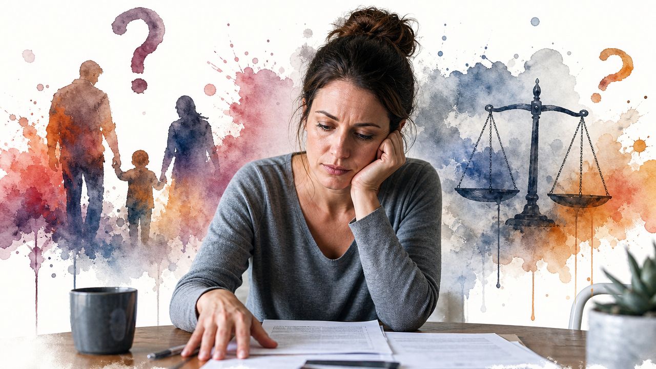 A concerned woman sits at a table reviewing legal documents regarding family law and child custody matters.