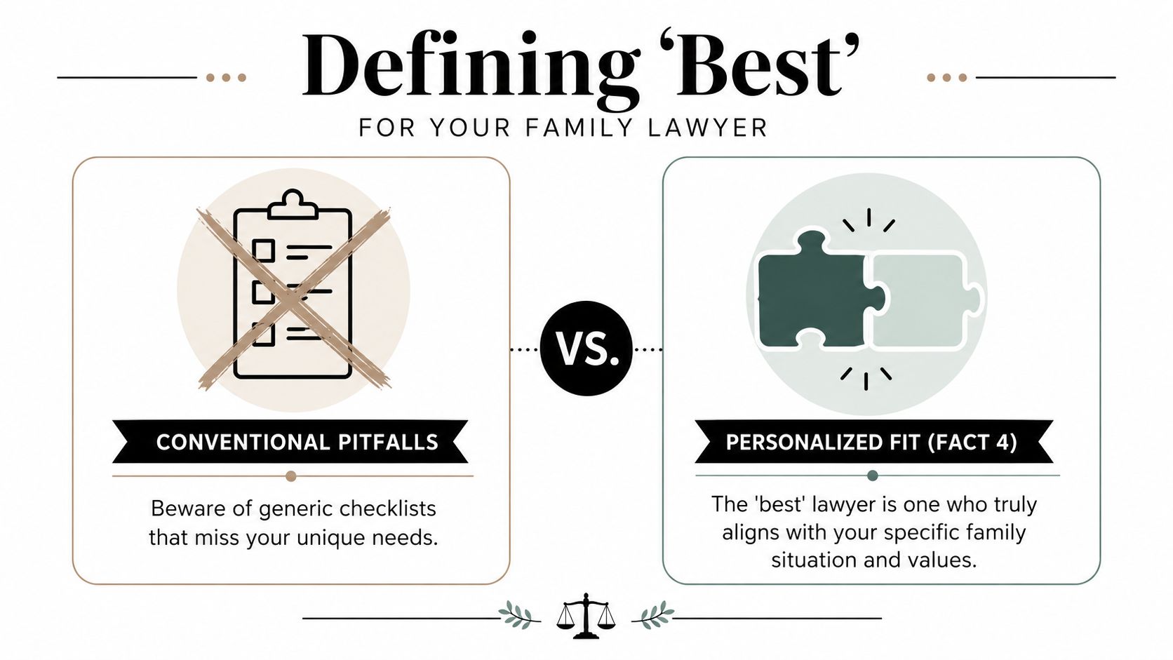 A comparison graphic illustrating how to choose the right family lawyer by avoiding generic checklists for personalized fit.