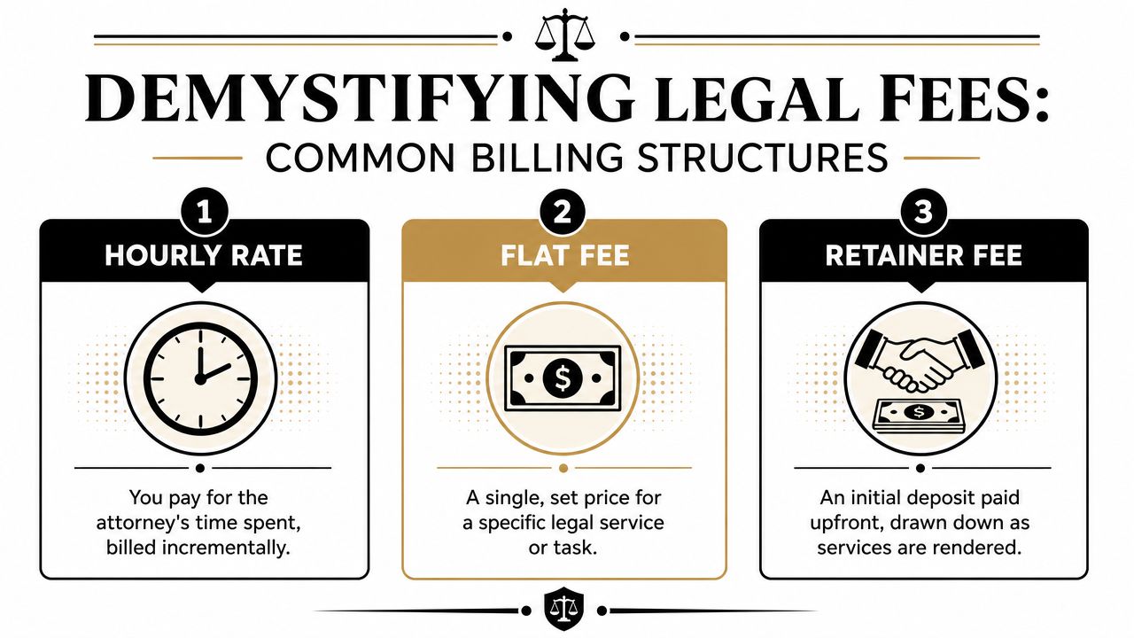An infographic titled Demystifying Legal Fees explaining hourly rates, flat fees, and retainer fee billing structures.