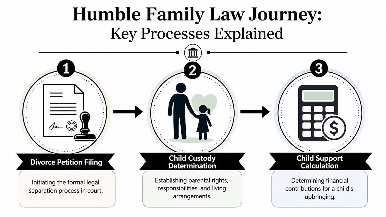 A flow chart illustrating the three key steps of the family law process in Humble, Texas.