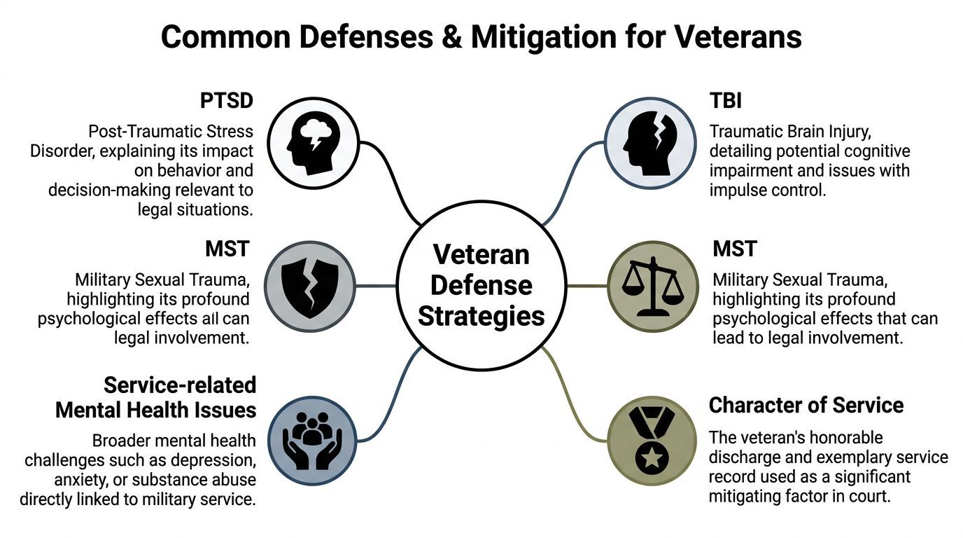 An infographic showing common defense strategies for veterans involving mental health and legal mitigation factors.