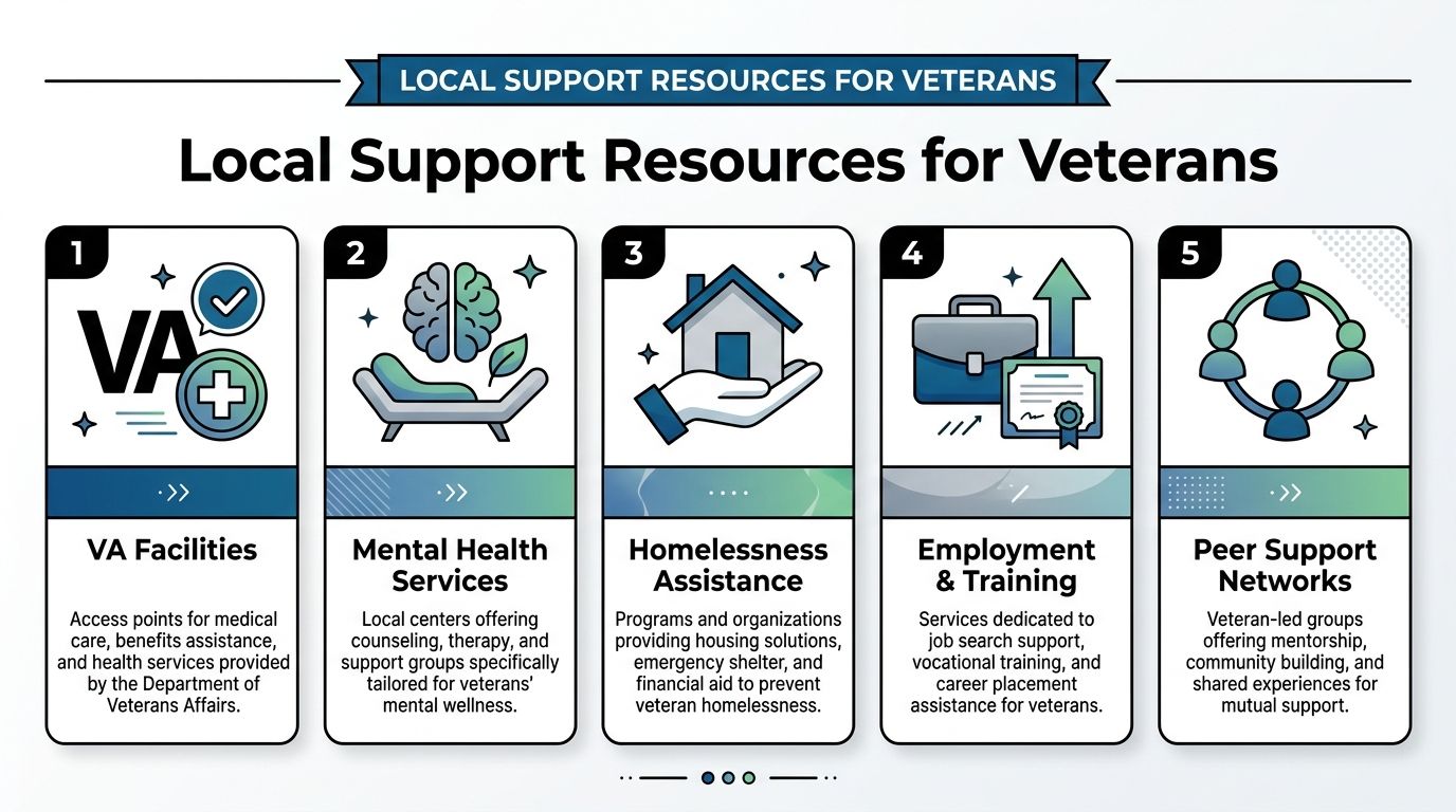 An infographic showing five essential local support resources available to help veterans with their needs.