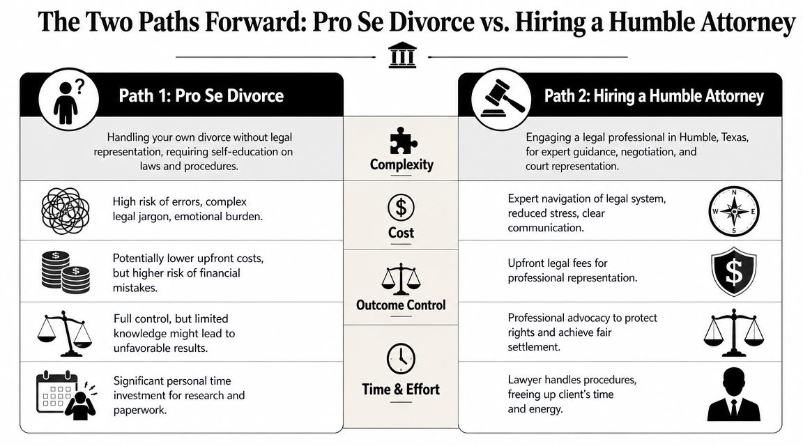 A comparison chart outlining the pros and cons of pro se divorce versus hiring a humble attorney.