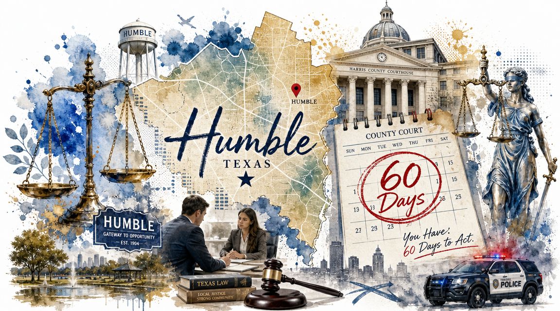 Collage featuring the Humble Texas map, courthouse, legal scales, and calendar symbolizing a 60-day legal deadline.