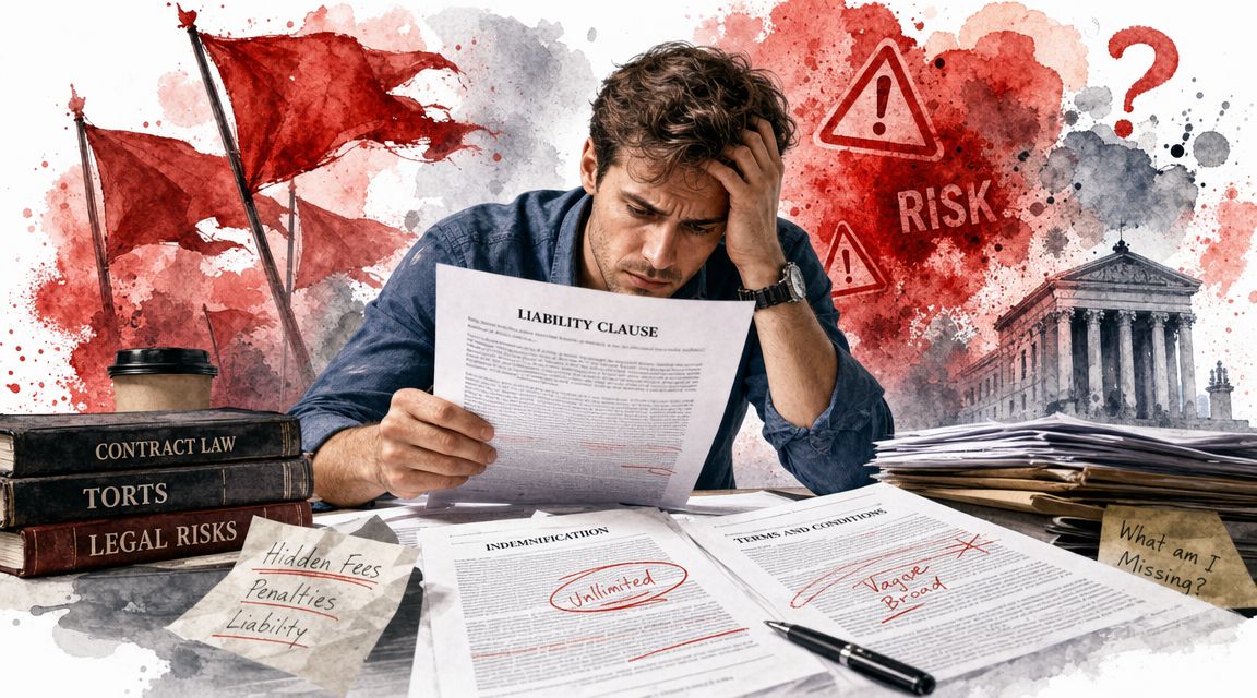 A stressed man reviews legal documents and liability clauses, symbolizing legal risks and contractual concerns.