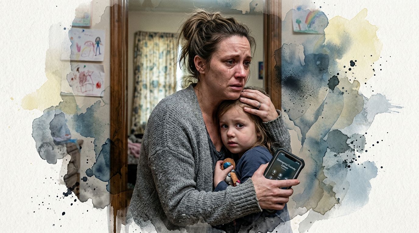 A distraught mother holding her young daughter while looking at an emergency custody contact on a smartphone.