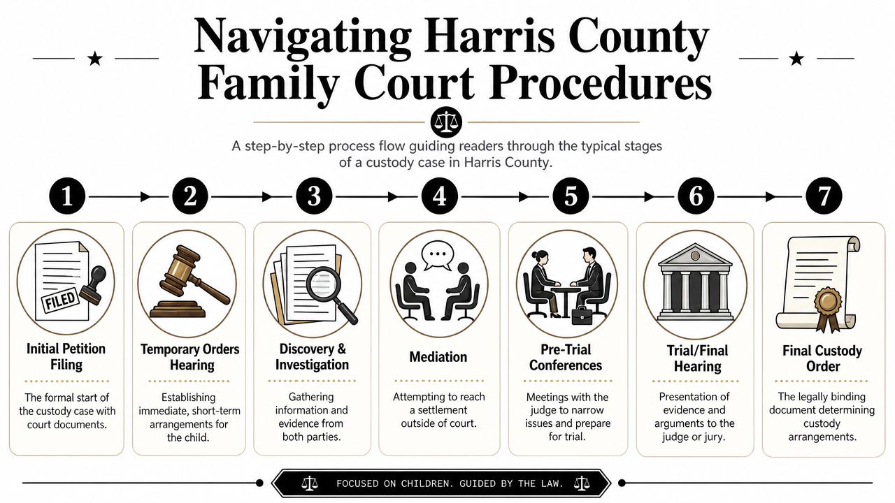 A seven-step process flow chart describing the legal stages of a custody case in Harris County.