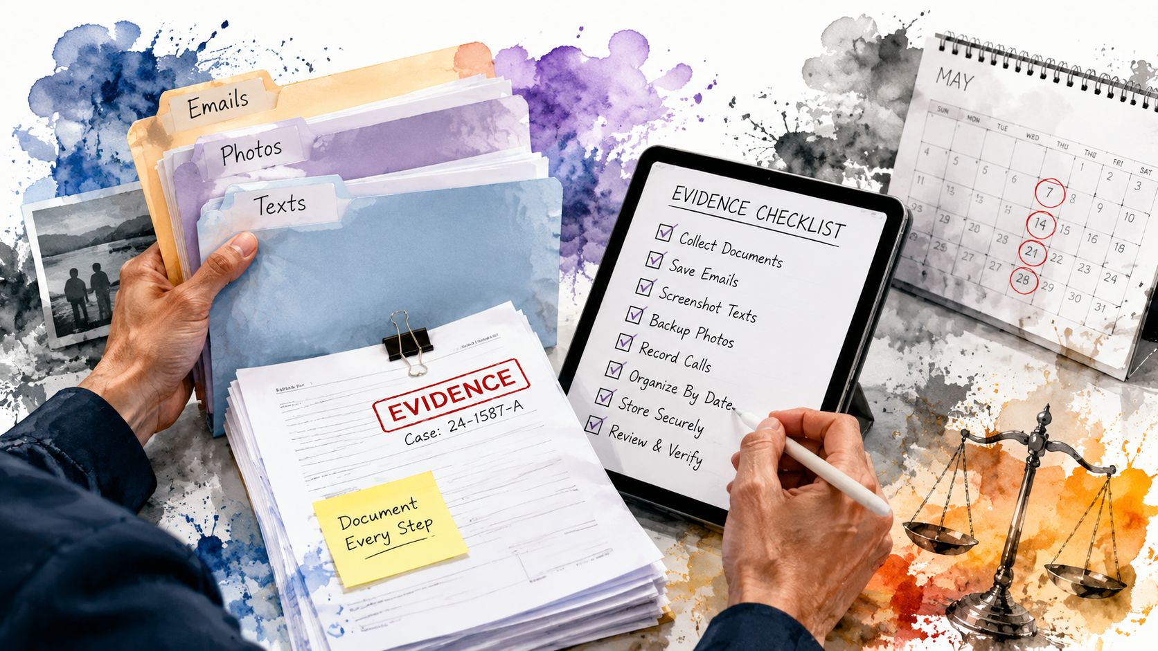 A person organizing legal evidence documents and checklists to prepare for a child custody court case.