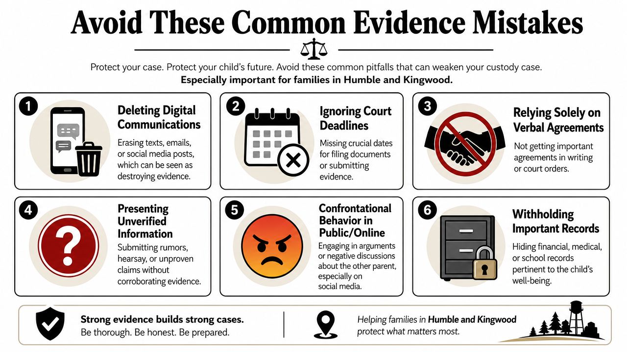 An infographic listing six common evidence mistakes to avoid during a child custody legal case.
