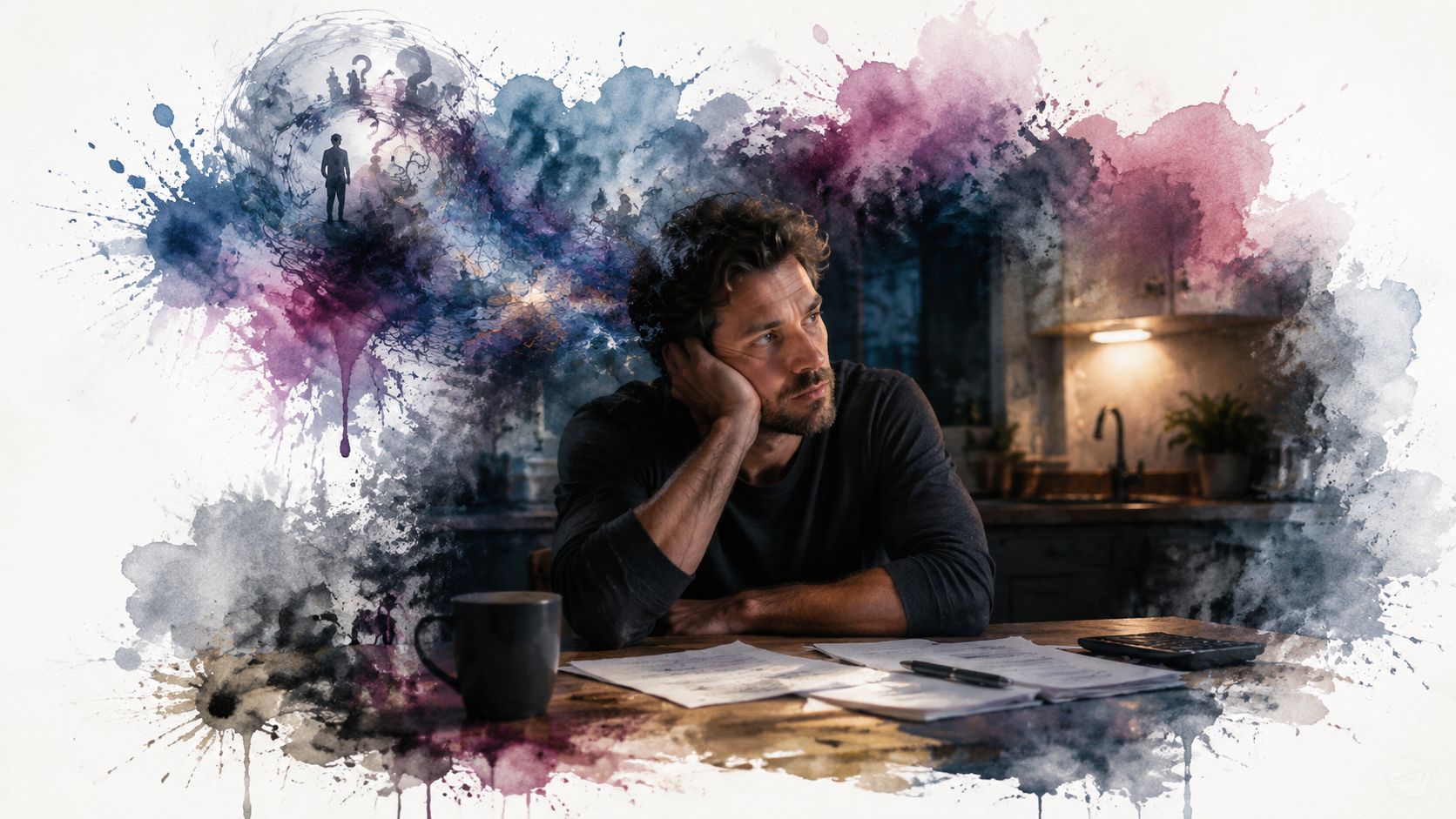 A contemplative man sitting at a kitchen table with papers, reflecting on complex family legal matters.