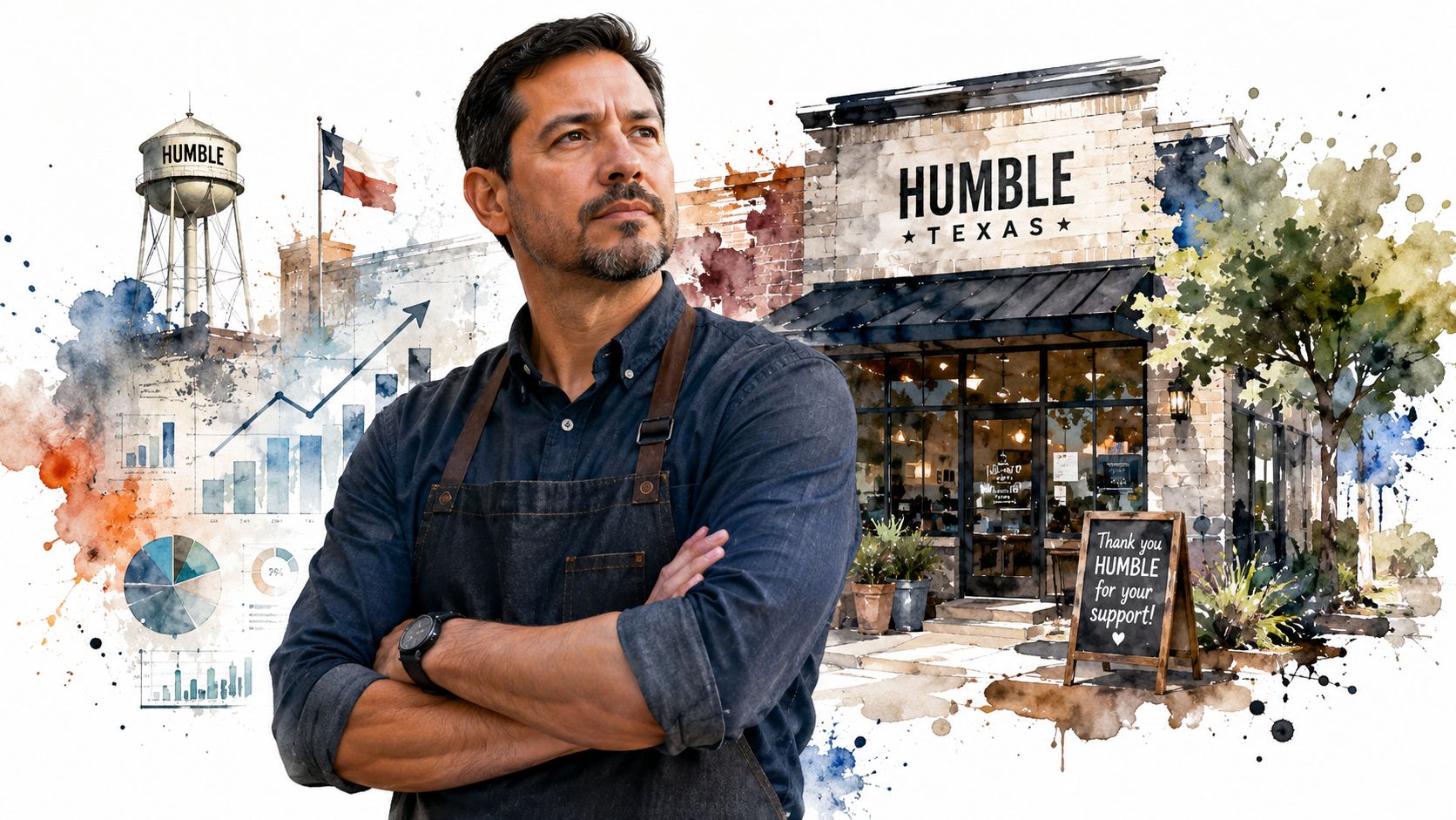 A business owner in an apron standing confidently in front of a Humble, Texas storefront with data visualizations.