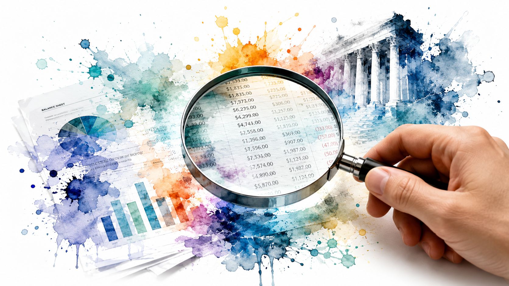 A magnifying glass inspecting financial data with a courthouse building depicted in the background watercolor illustration.