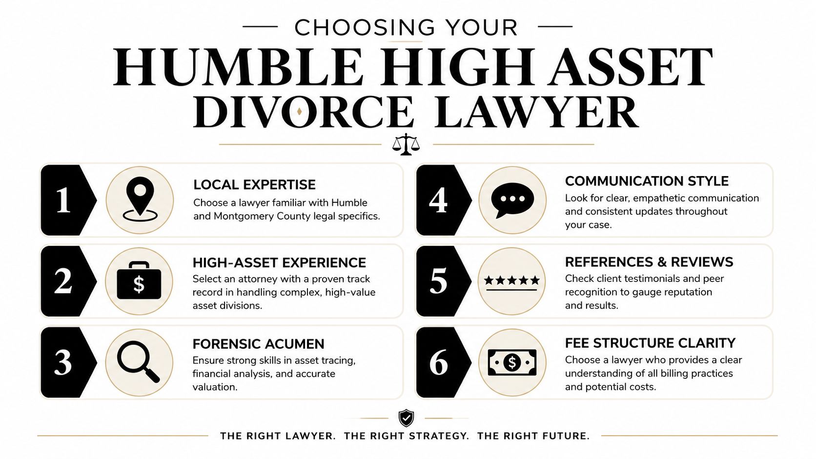 An infographic titled Choosing Your Humble High Asset Divorce Lawyer outlining six key factors for selection.